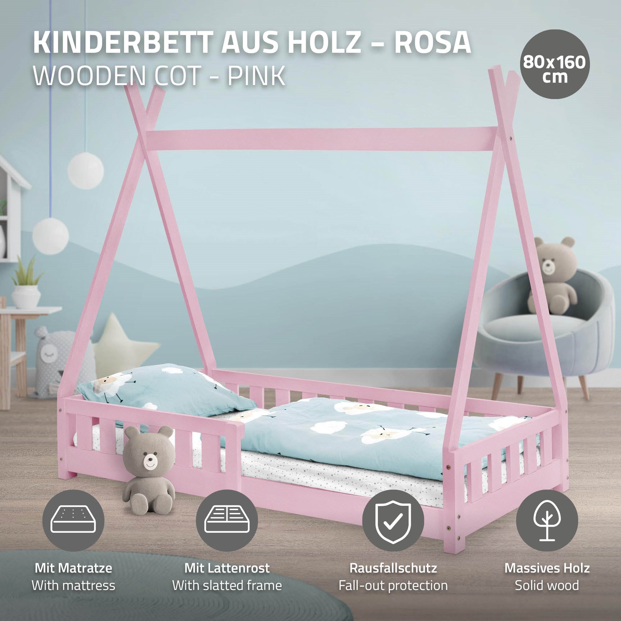 Lit d'enfant en bois rose avec matelas et protection contre les chutes.