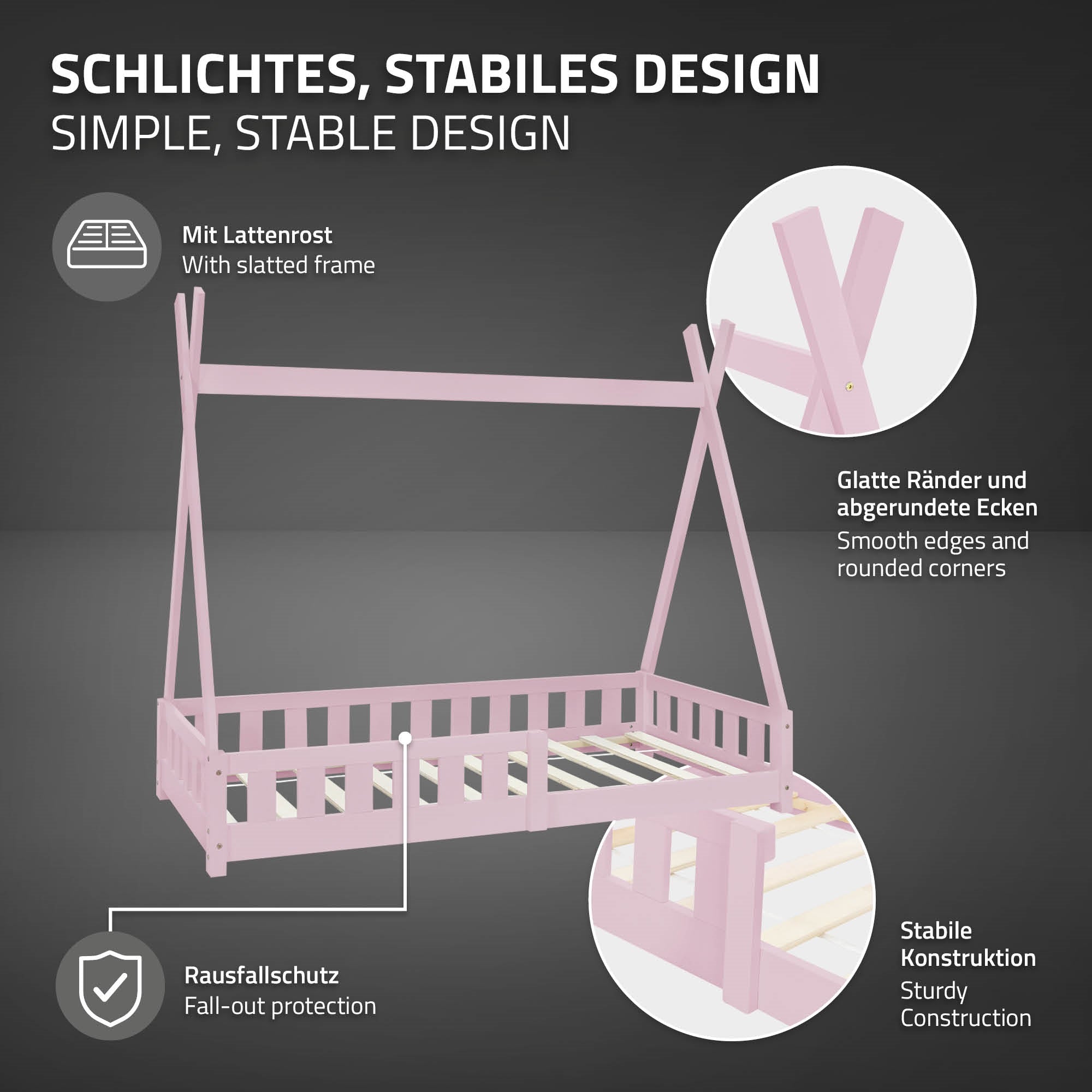 Cama con construcción estable y esquinas redondeadas en rosa.
