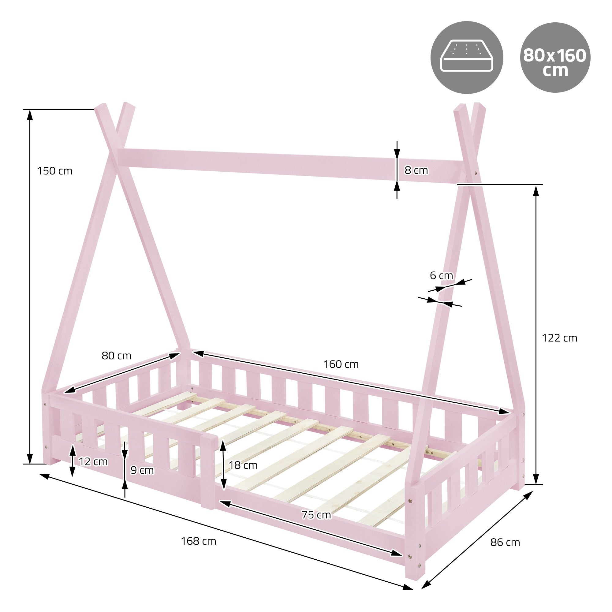 Cama con estructura de tienda en rosa, medidas y detalles están indicados.
