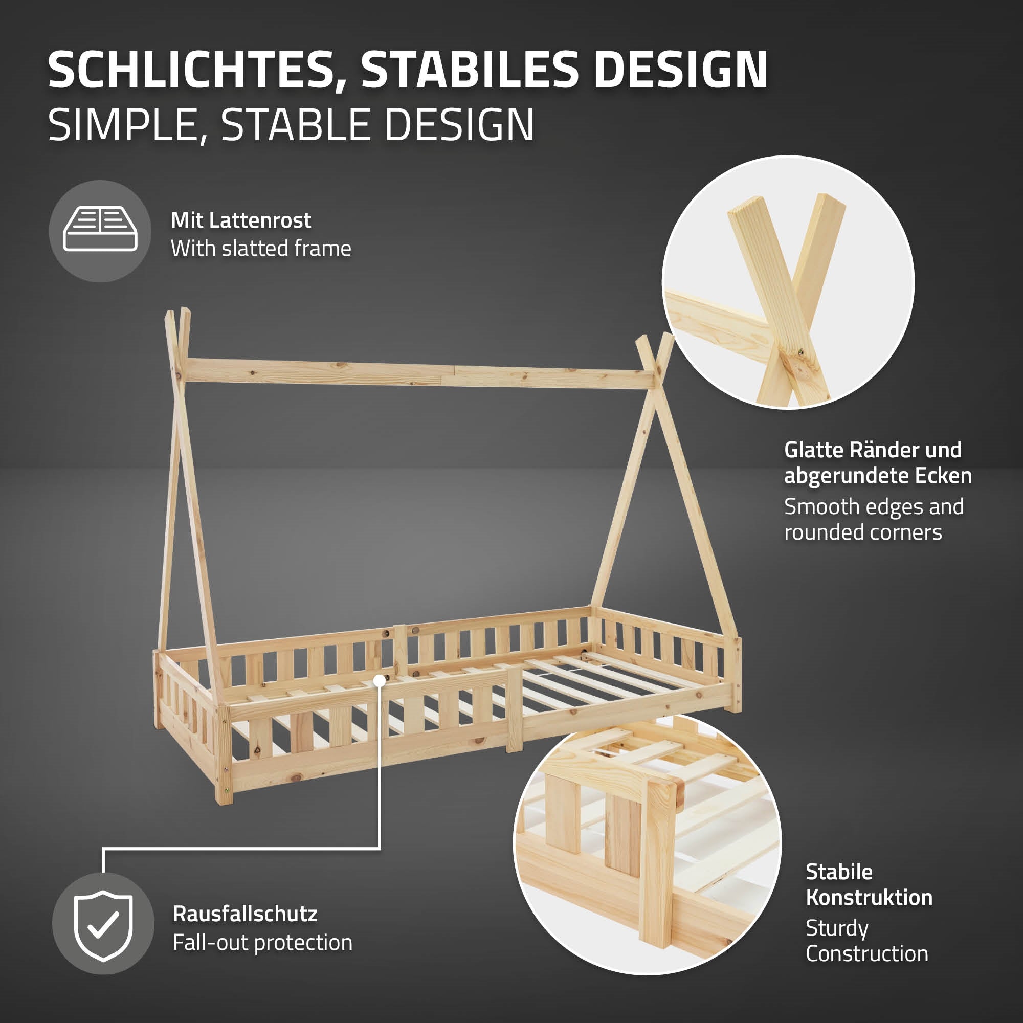 Holzbett mit slatted frame und stabiler Konstruktion.