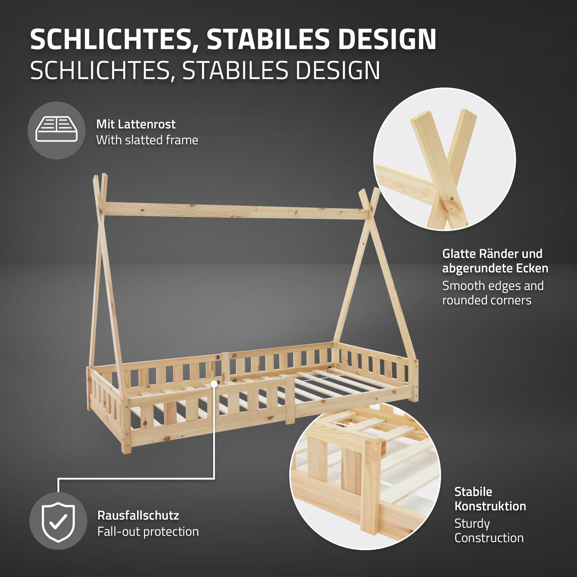 Ein Holzbett mit glatten Kanten und Rausfallschutz.