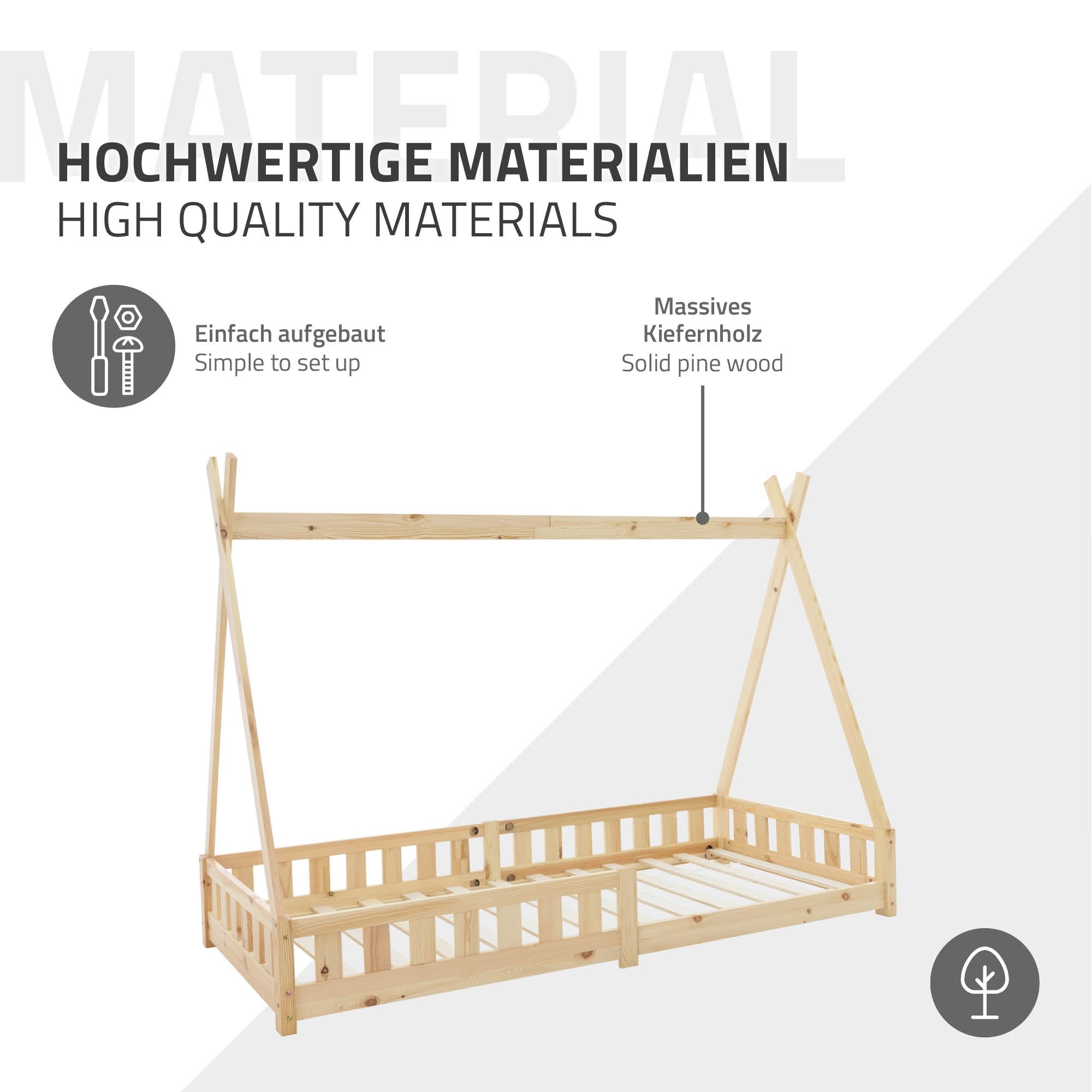 Bed frame made of pine wood in natural wood color, easy to assemble.
