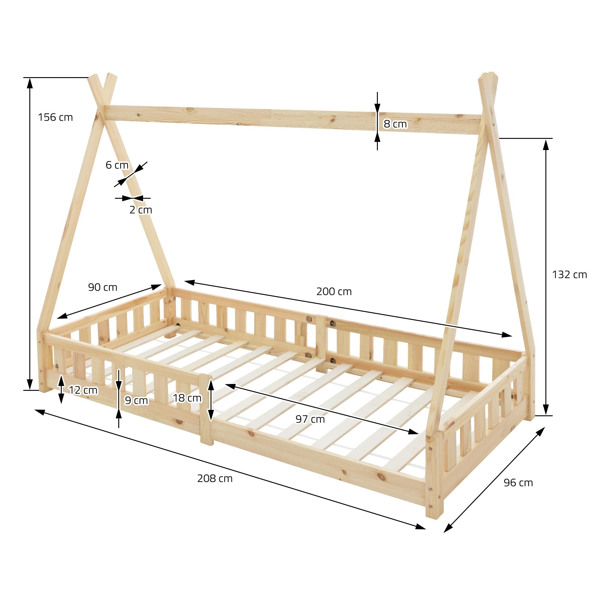 Maßzeichnung eines Holzbettes mit Abmessungen und Details.