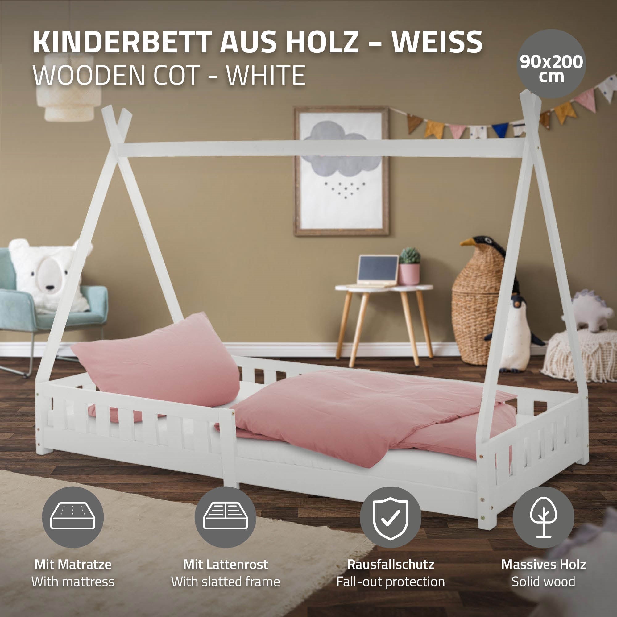 A white wooden children's bed with mattress and two pillows.