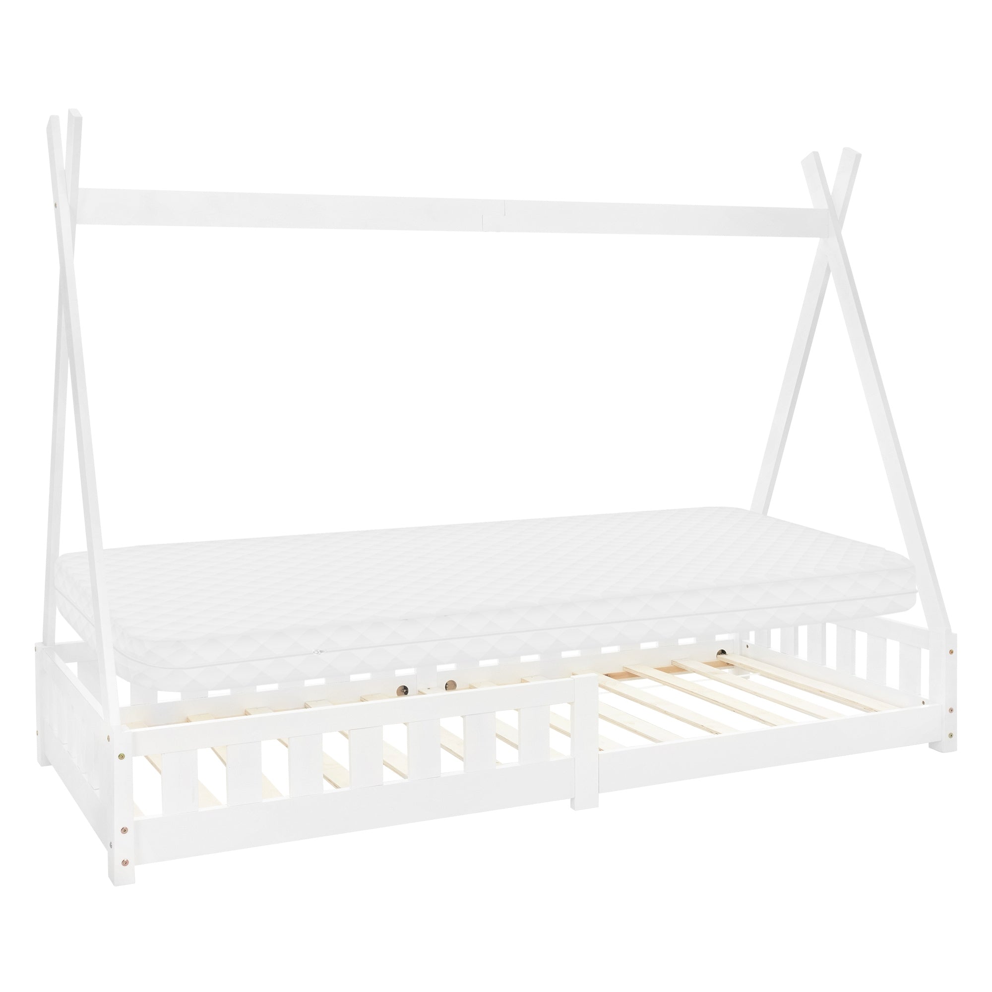 White bed frame with mattress, pine wood, simple design.
