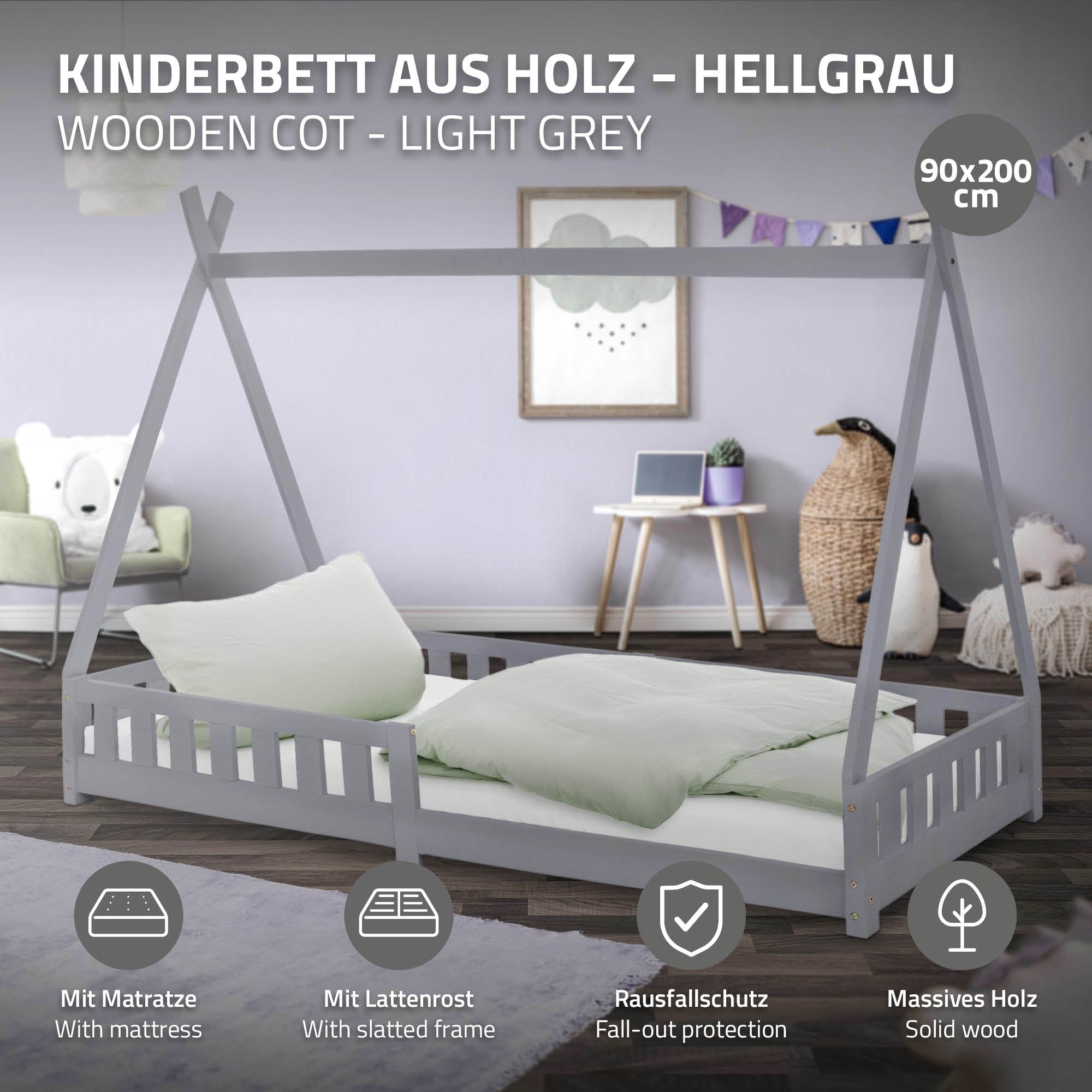 Wooden bed in light gray with mattress and fall protection.