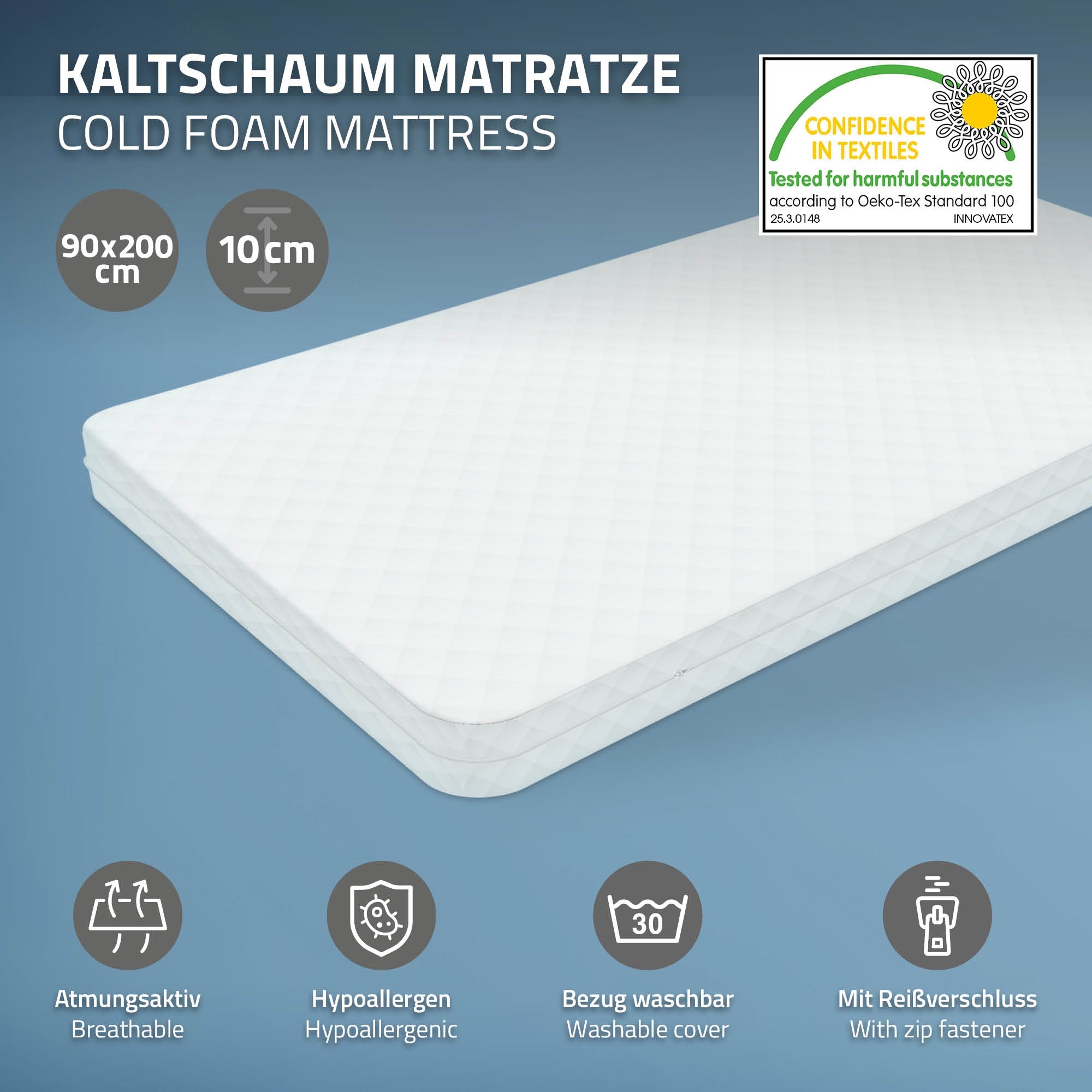 A cold foam mattress on a light background with text information.