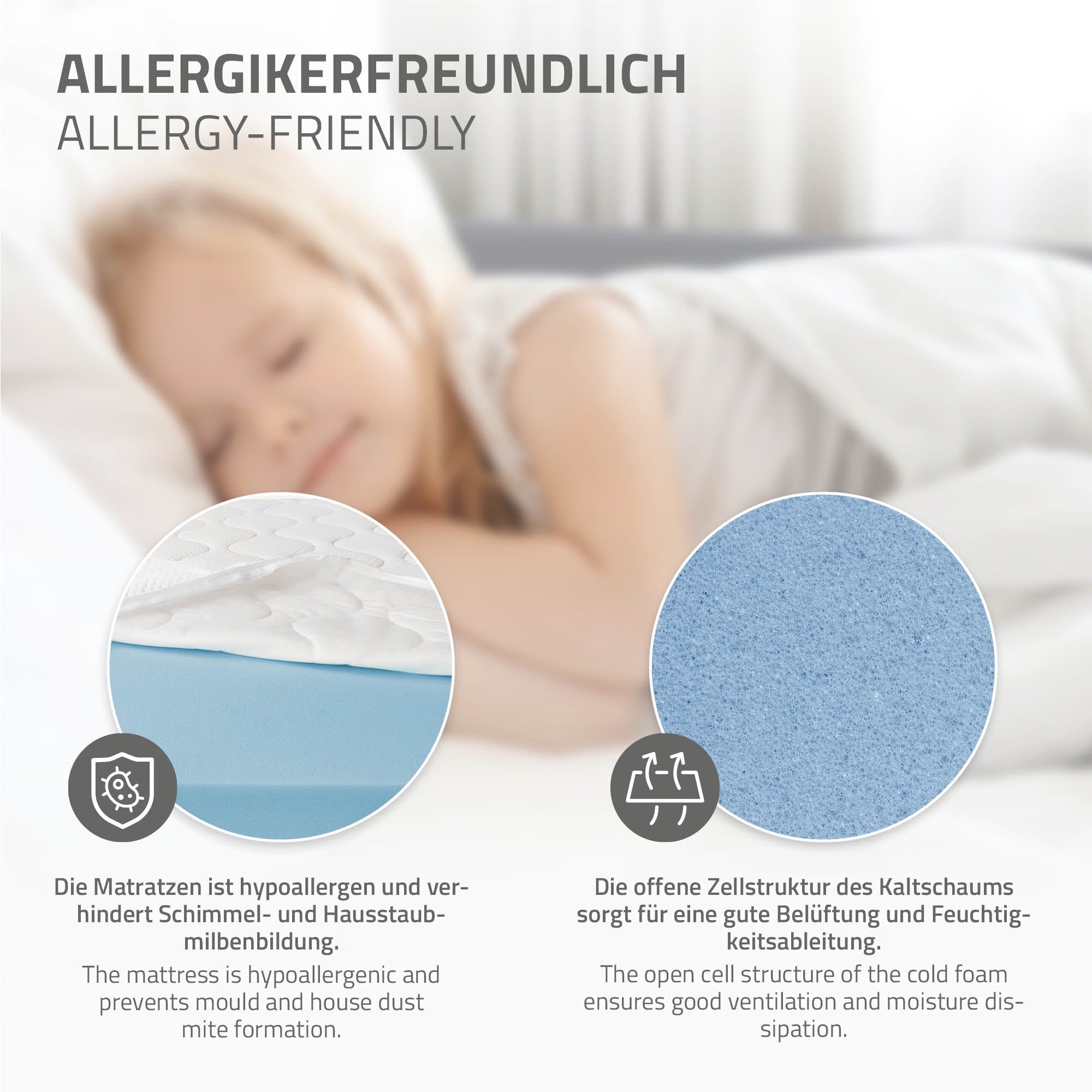 Close-up of a hypoallergenic mattress with blue foam layer.