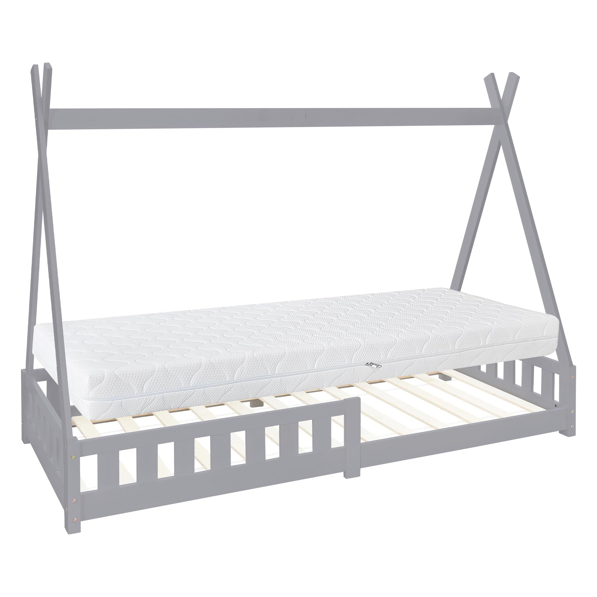 Bed frame with mattress, in gray color, on a light floor.