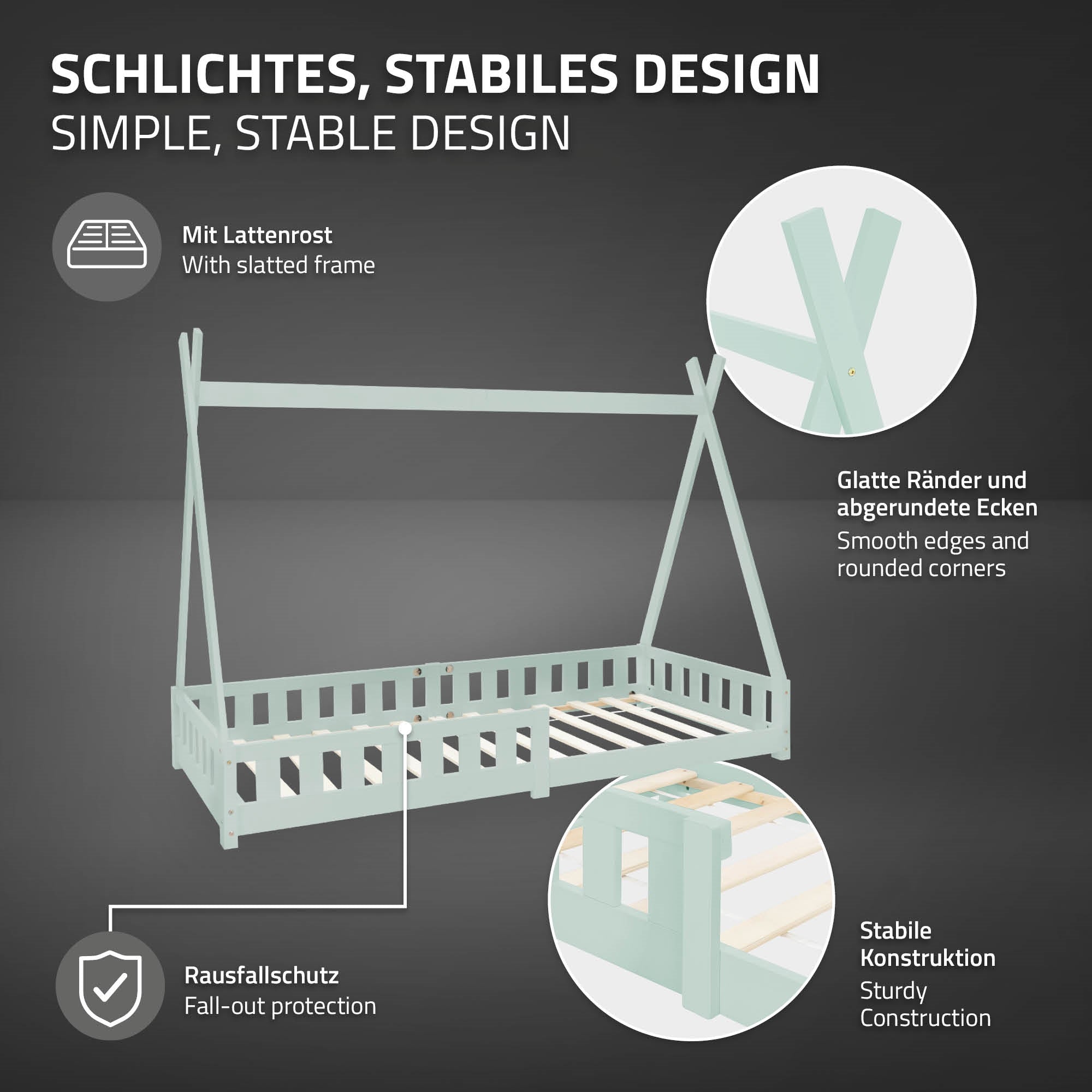 Bett mit slatted frame und stabiler Konstruktion in hellgrün.
