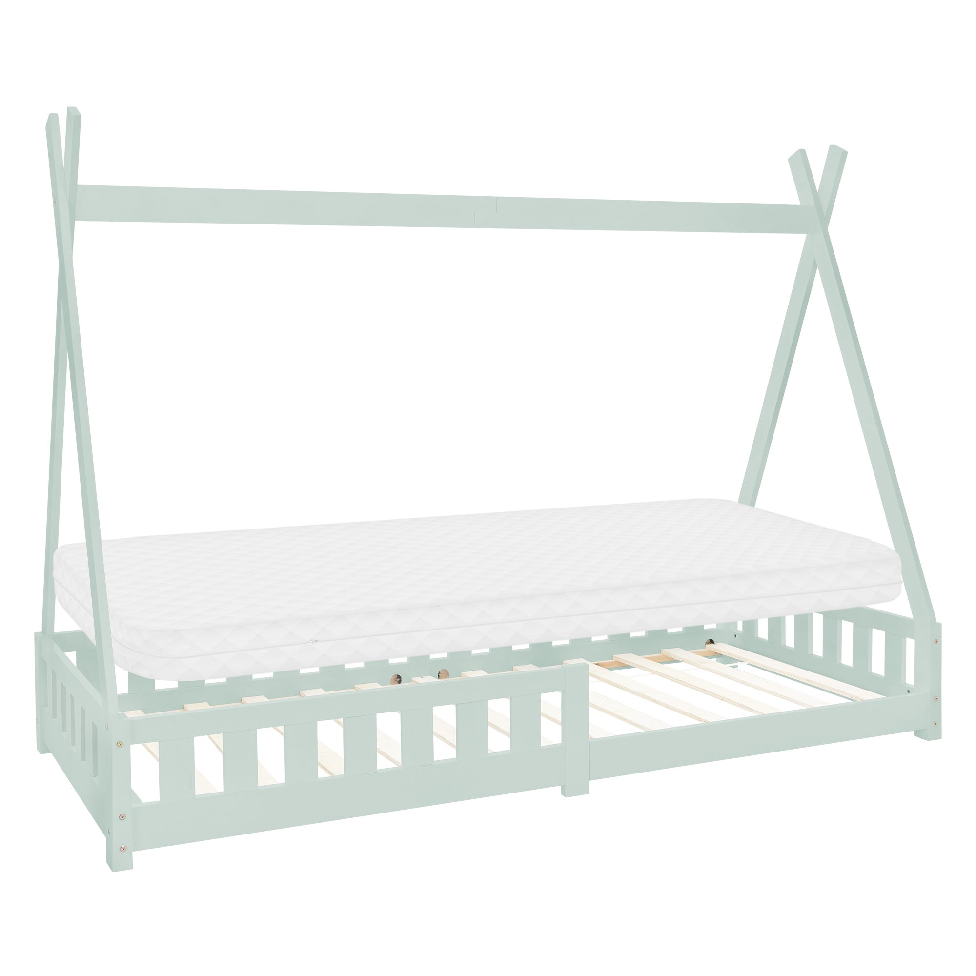 Hochbett in mintgrün mit Matratze und Lattenrost.