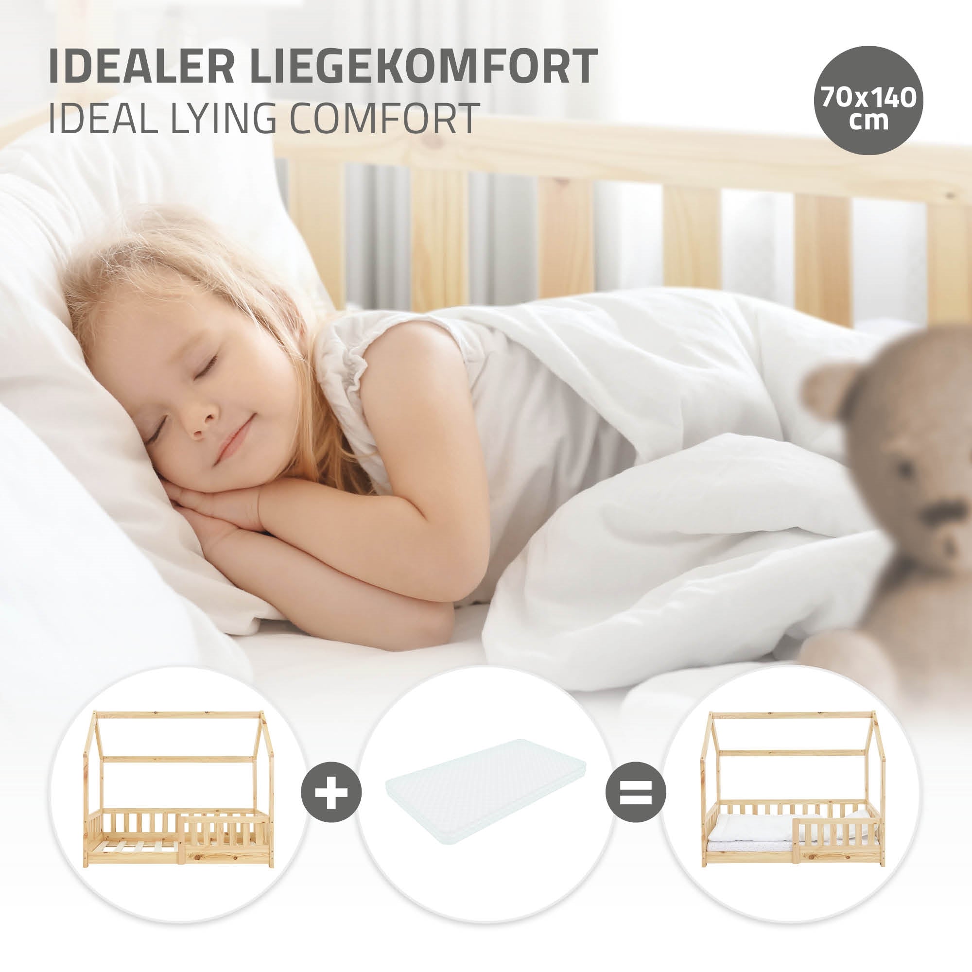 Niño durmiendo en un colchón en una cama de madera.