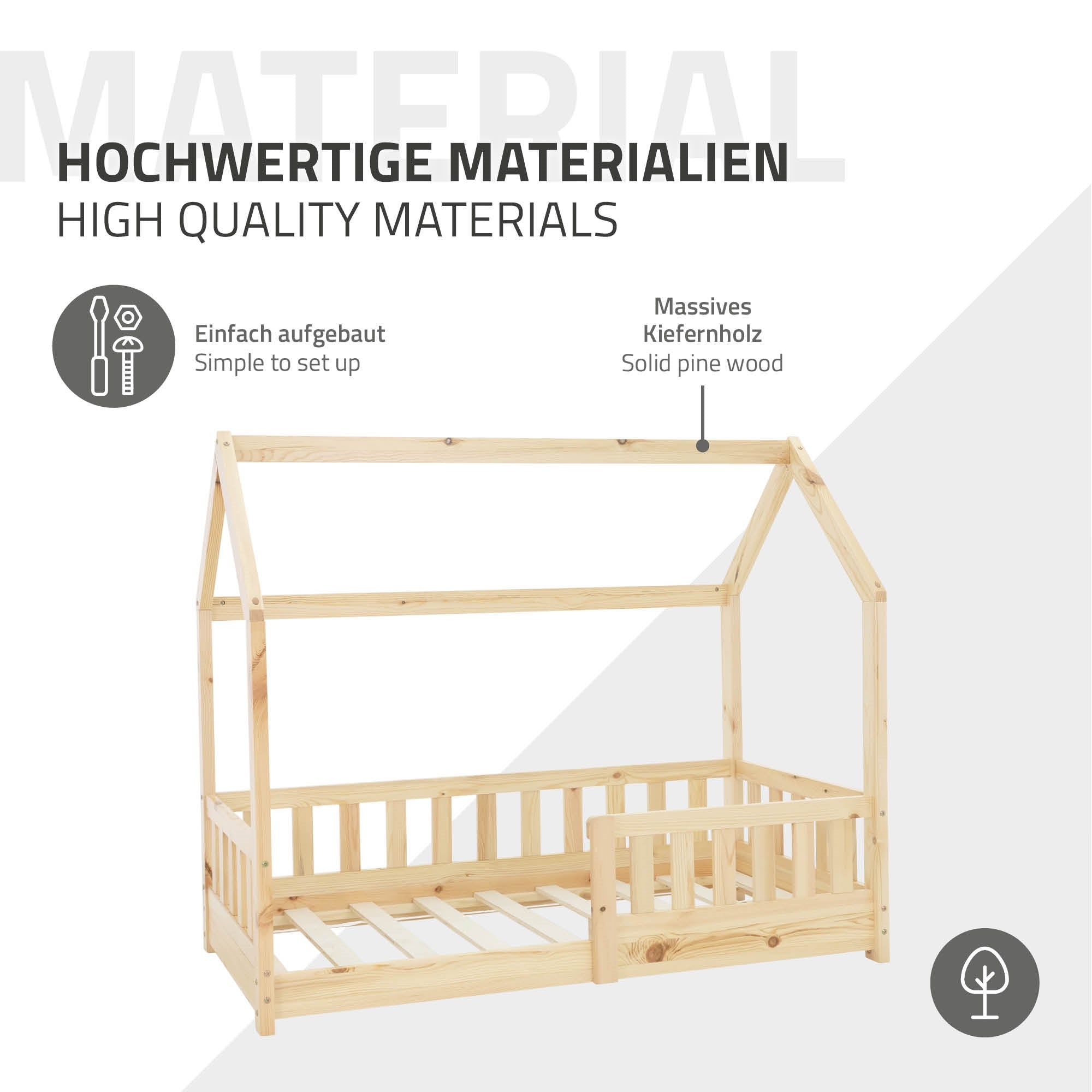 Cama de madera en diseño de casa hecha de pino macizo, fácil de montar.