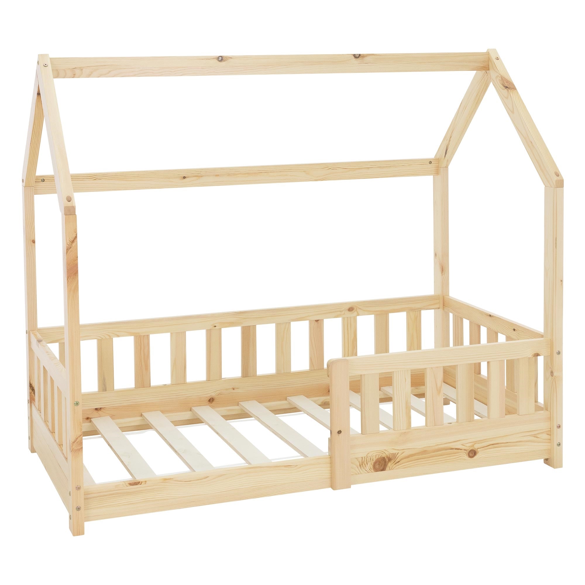 Holzbett mit Dachkonstruktion und seitlichen Gitterstäben.
