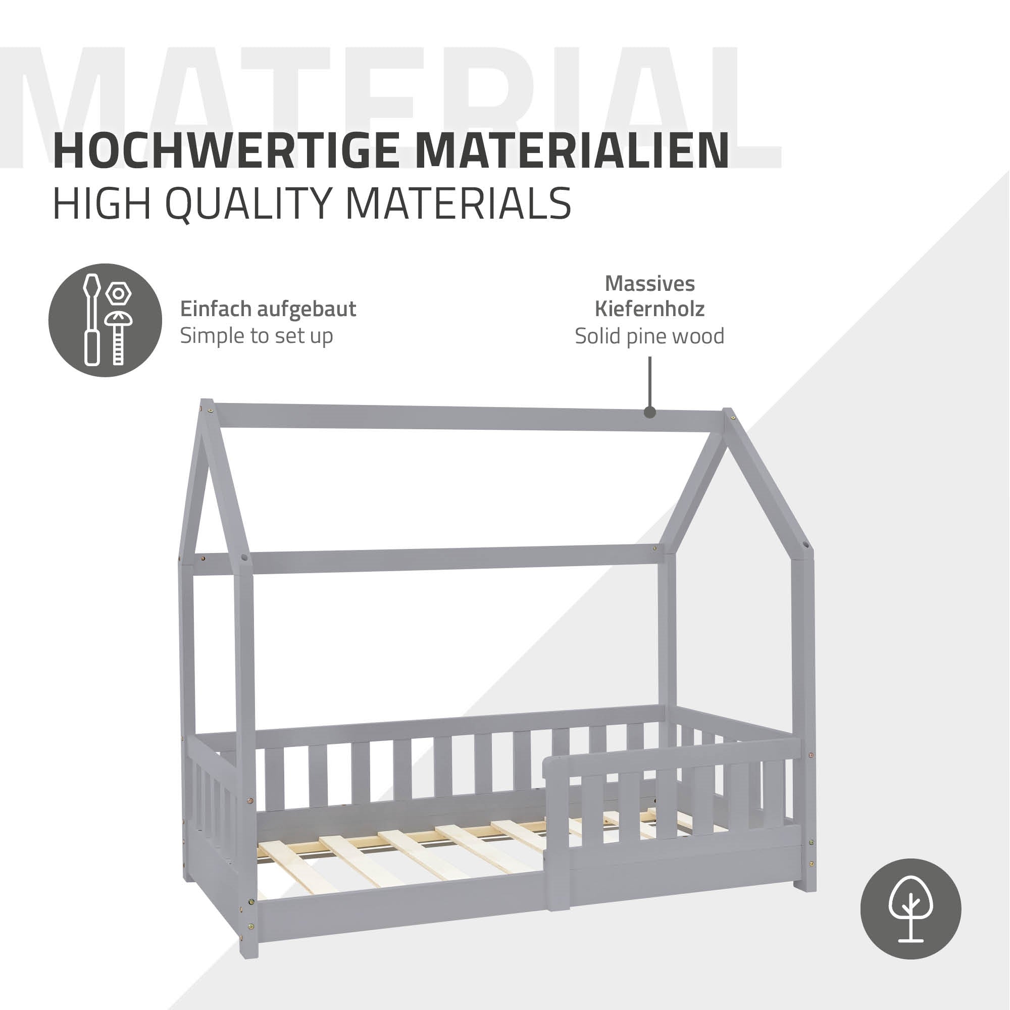 Lit pour enfants en bois massif gris avec un montage facile.