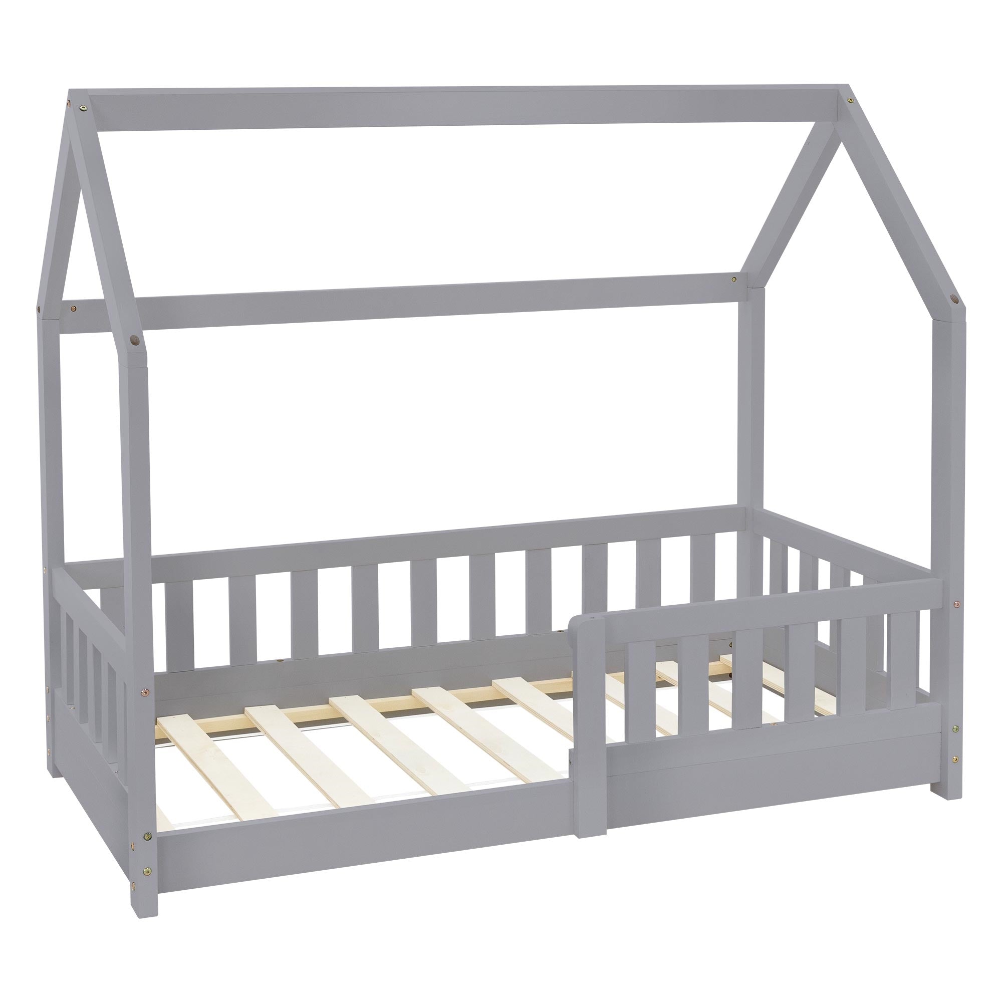 Lit en bois gris pour enfants avec une construction de toit et un sommier à lattes.