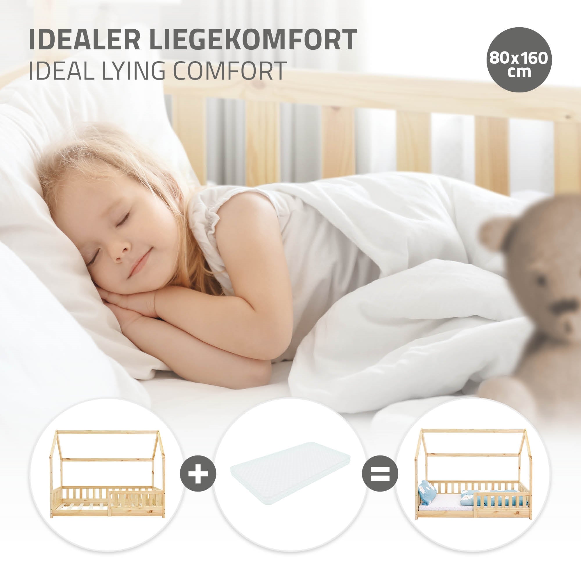 Nukkuva lapsi sängyssä, jossa on patja ja peitto.