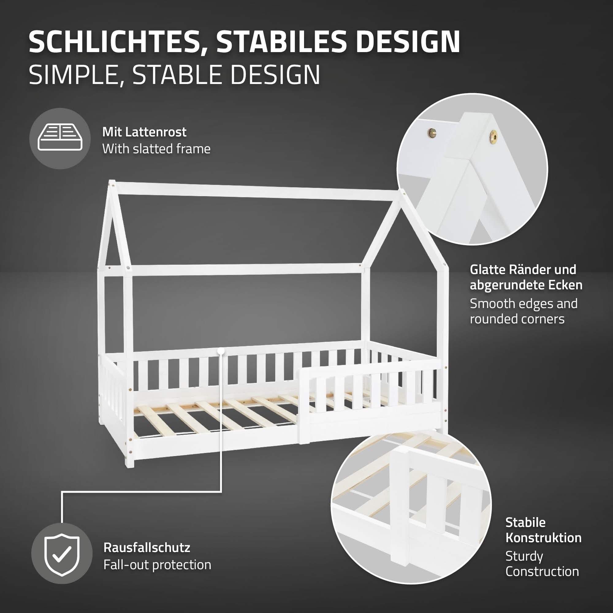 Bett mit Dach, weißer Rahmen, slatted frame, stabile Konstruktion.