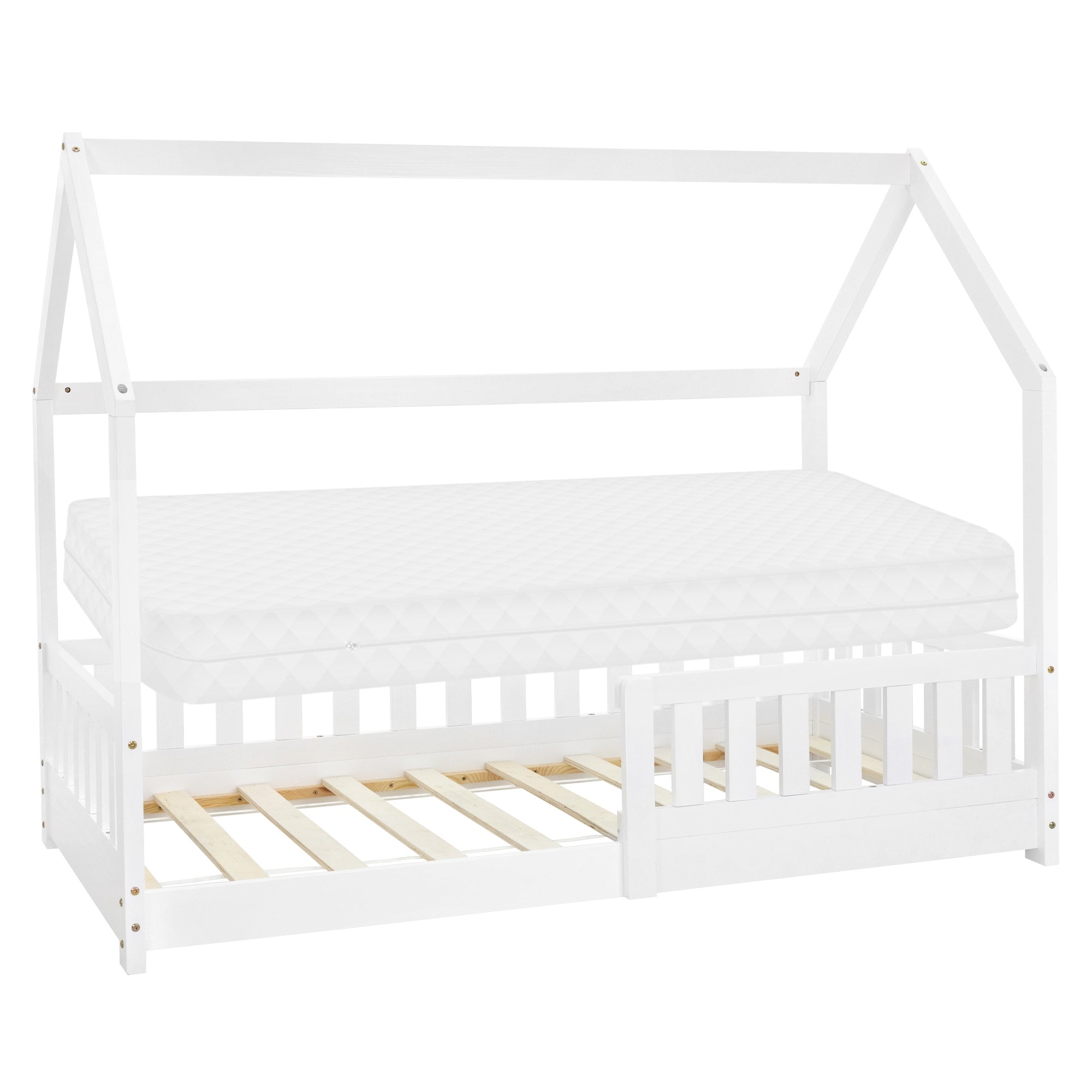 Weißes Bett mit Matratze, Dachkonstruktion, slatted frame, seitliche Absturzsicherung.