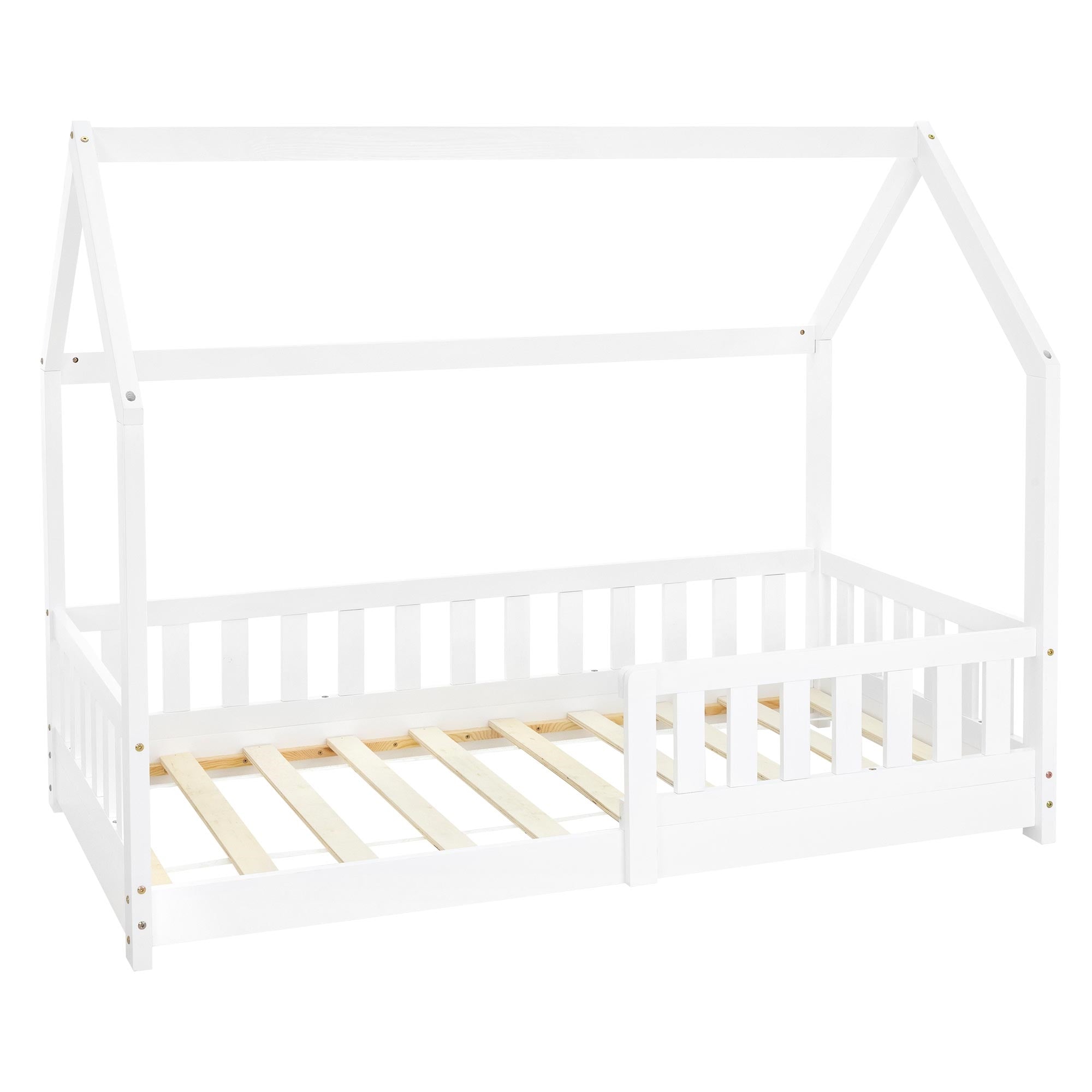 Weißes Kinderbett im Hausdesign ohne Matratze, mit Lattenrost.