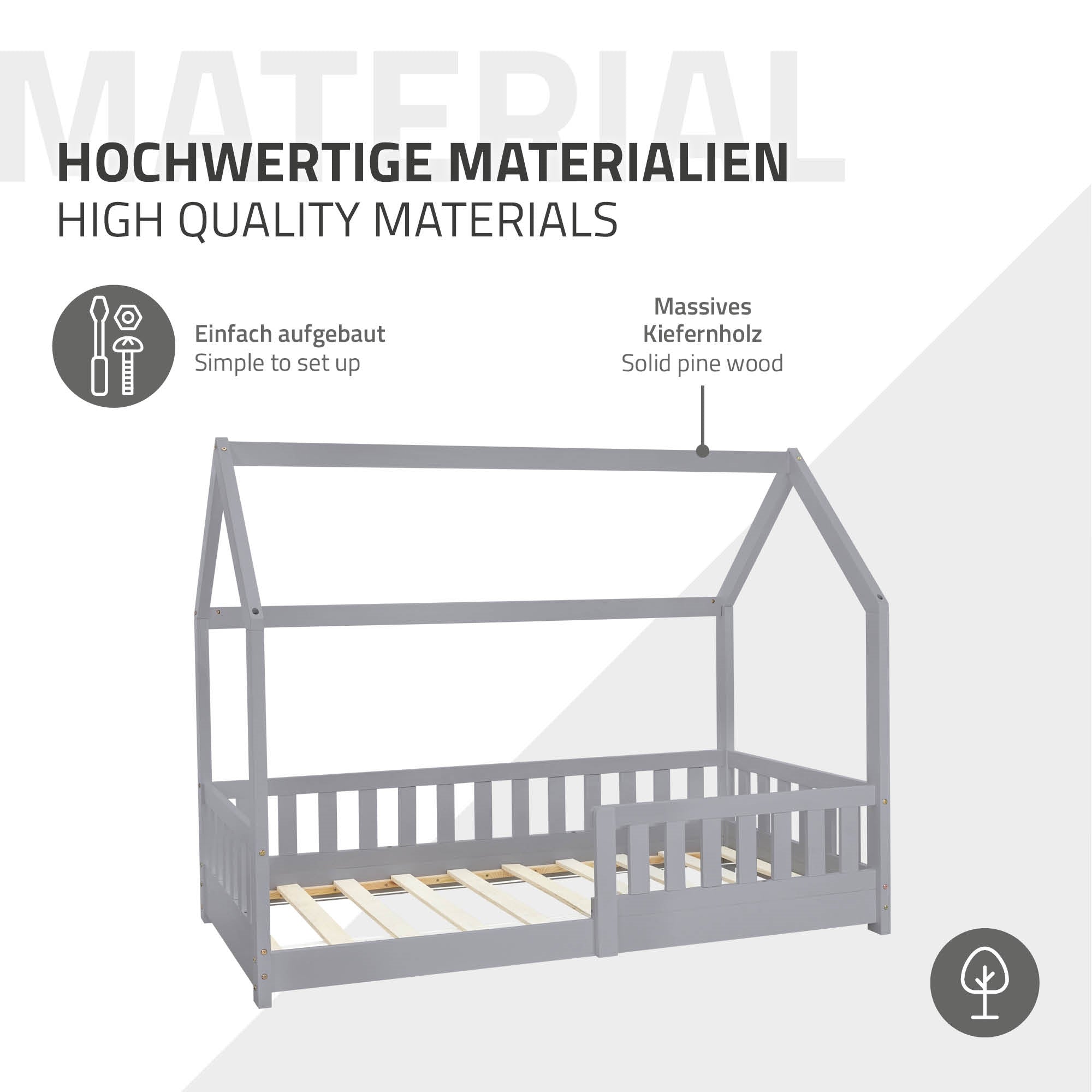 Holz-Kinderbett in Grau mit Dach, Matratze und Lattenrost.