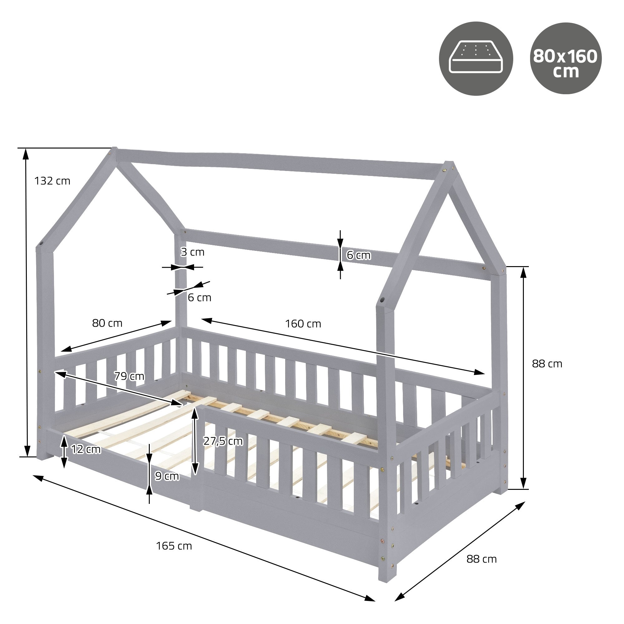 Bed with house roof, dimensions: 165x88x132 cm, with slatted frame and safety barrier.