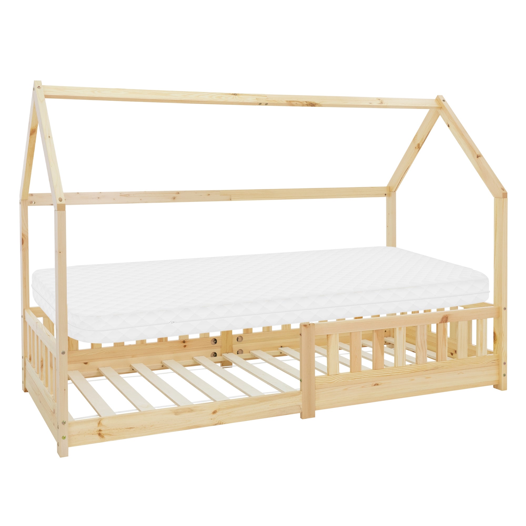 Holzhausbett mit einer Matratze und einem offenen Lattenrost.