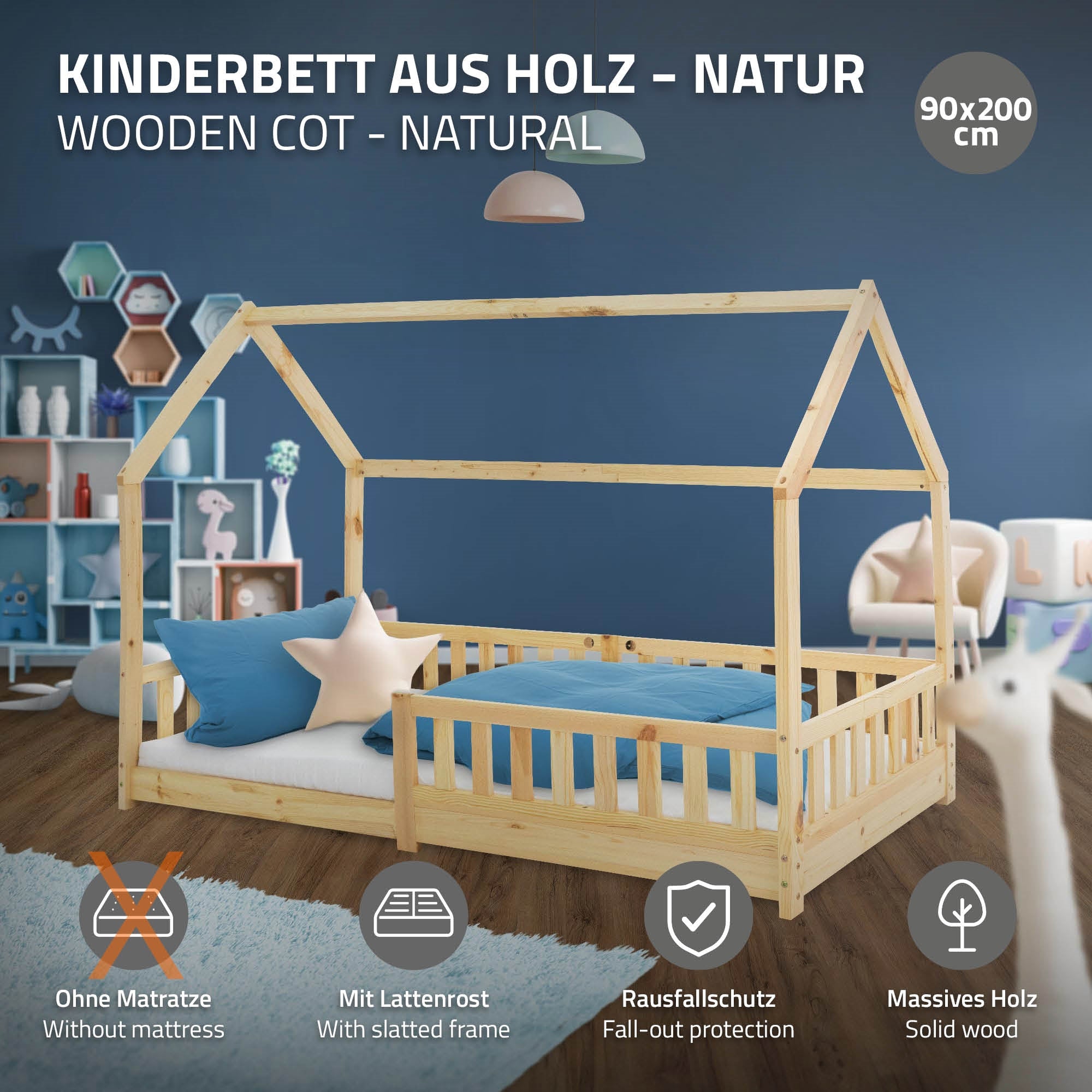 Holz-Kinderbett in Naturfarbe mit Dach, ohne Matratze, 90x200 cm.