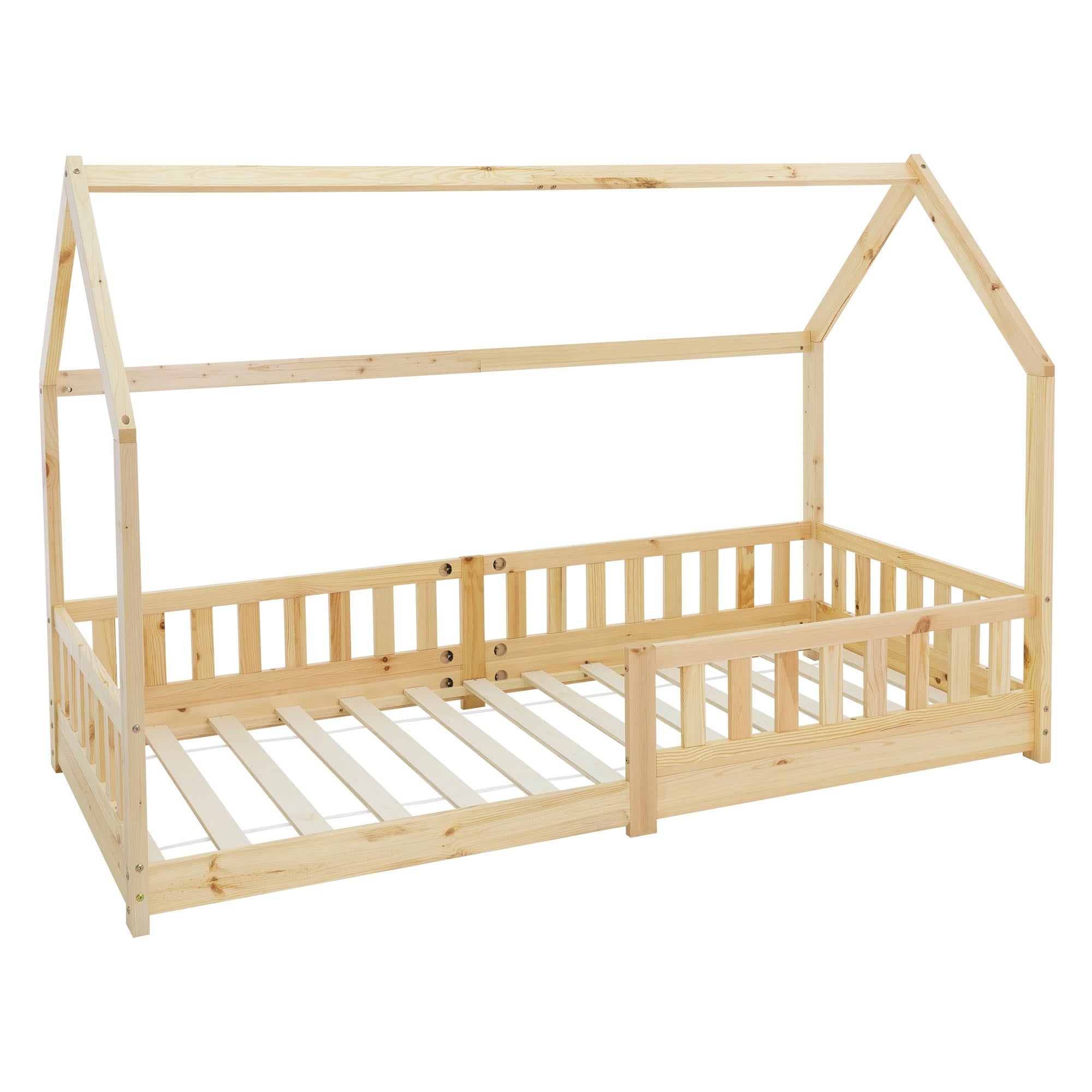 Holzbett in Form eines Hauses, ohne Matratze, mit Gitterseiten.