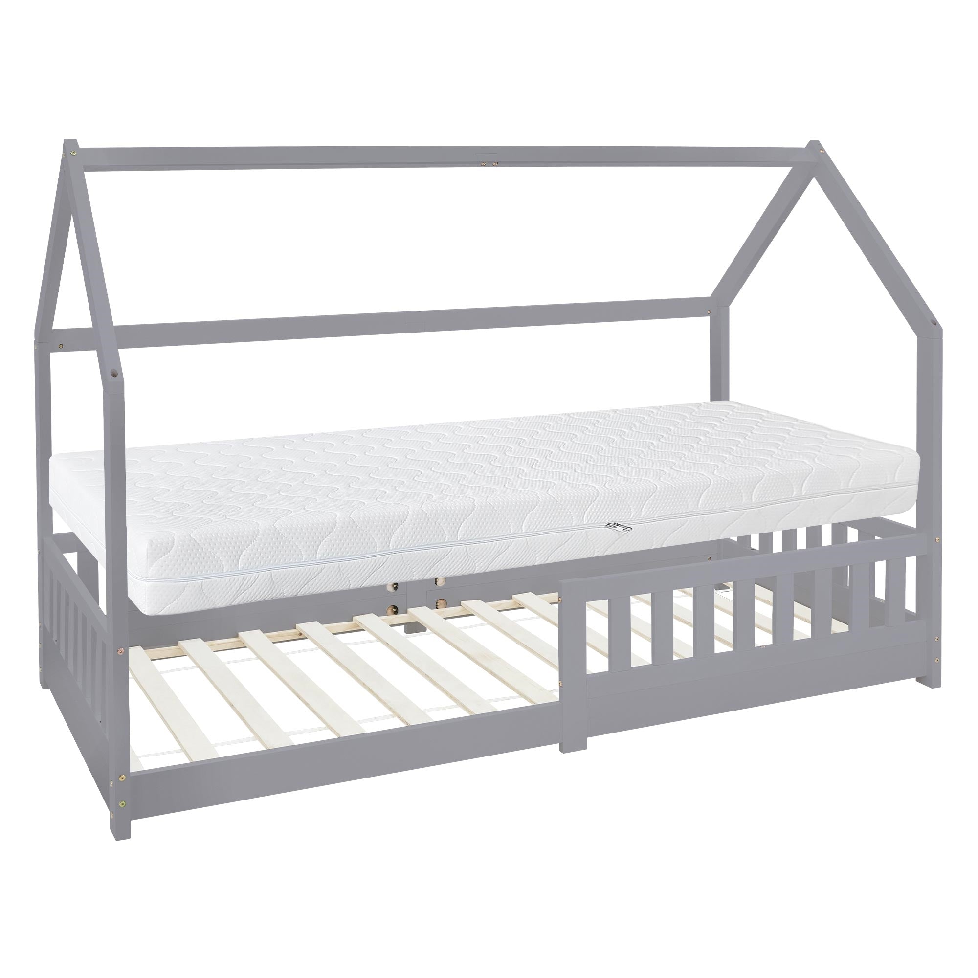 Cama de madera con techo, colchón visible, somier debajo.