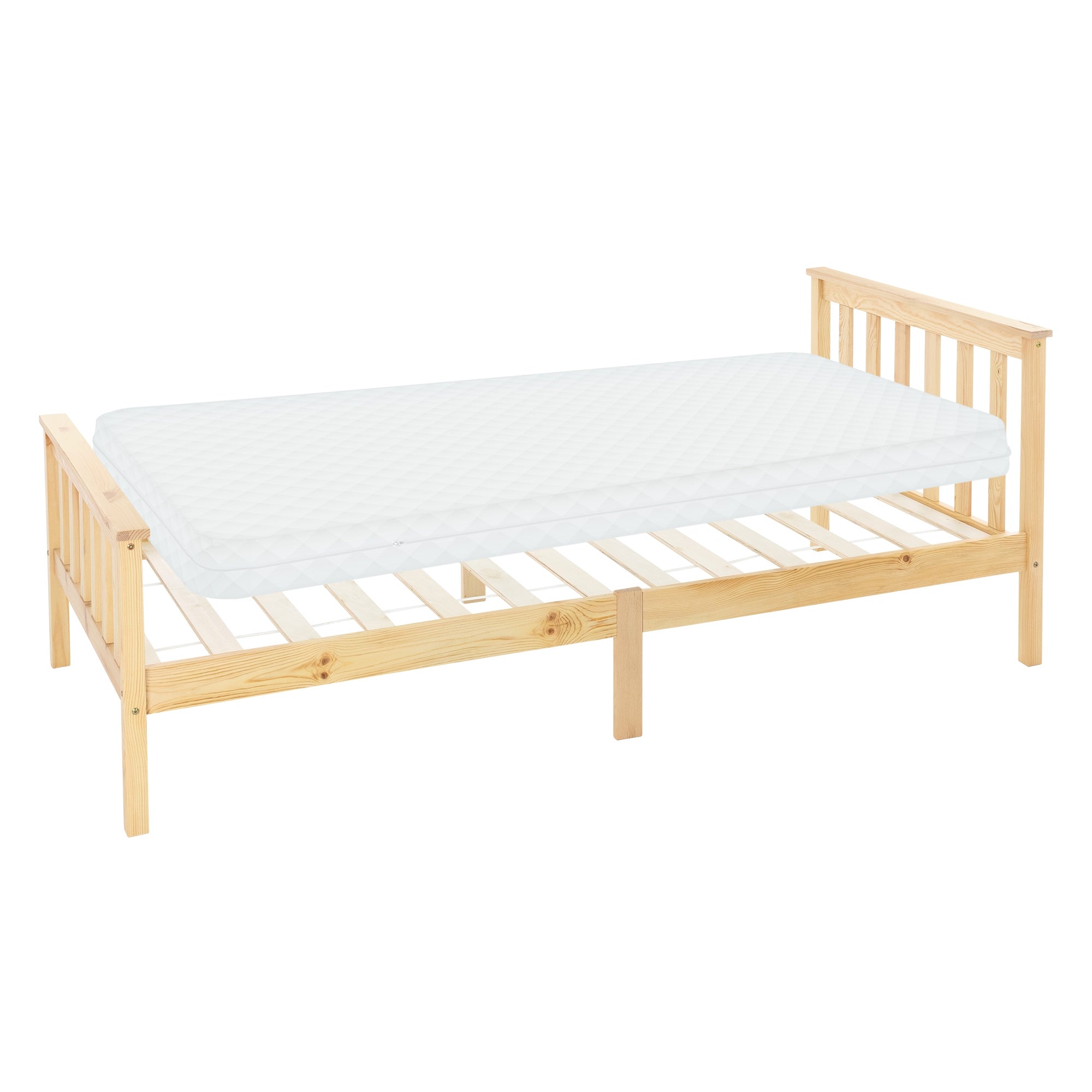 Einzelbett aus Holz mit Matratze, Lattenrost sichtbar.