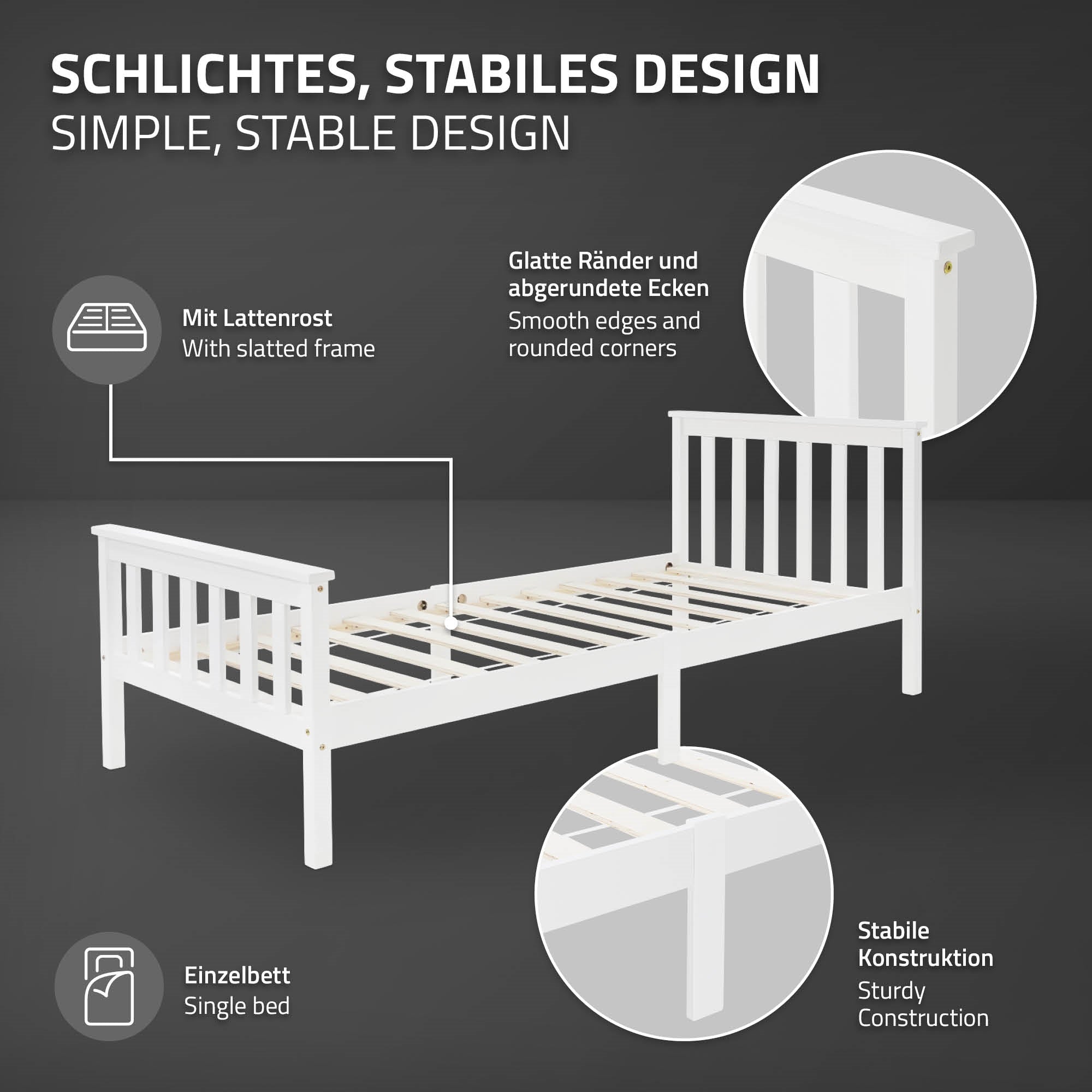 Einzelbett mit slatted frame und stabiler Konstruktion.