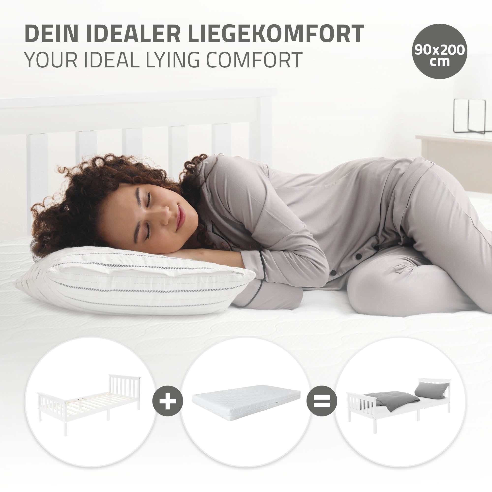 Person liegt entspannt auf einer Matratze und Kopfkissen in einem hellen Schlafzimmer.