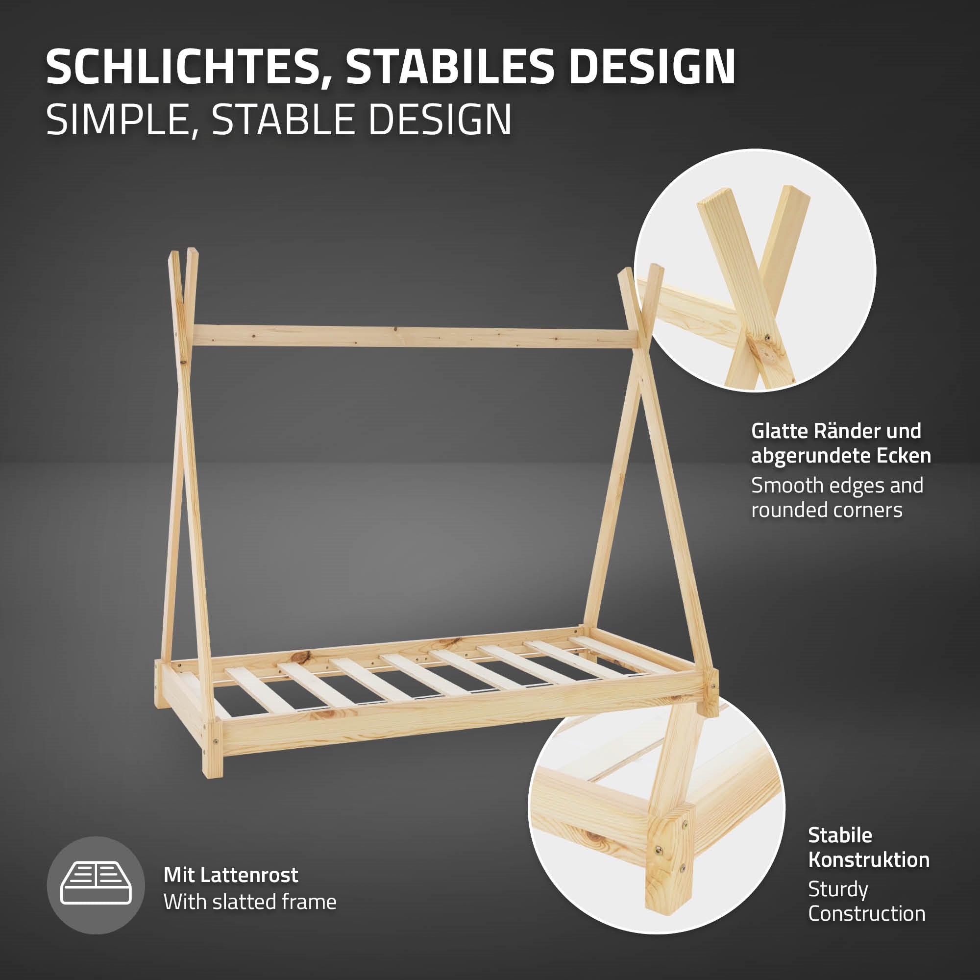 Detailansicht eines Holzbettes mit stabiler Konstruktion und abgerundeten Ecken.