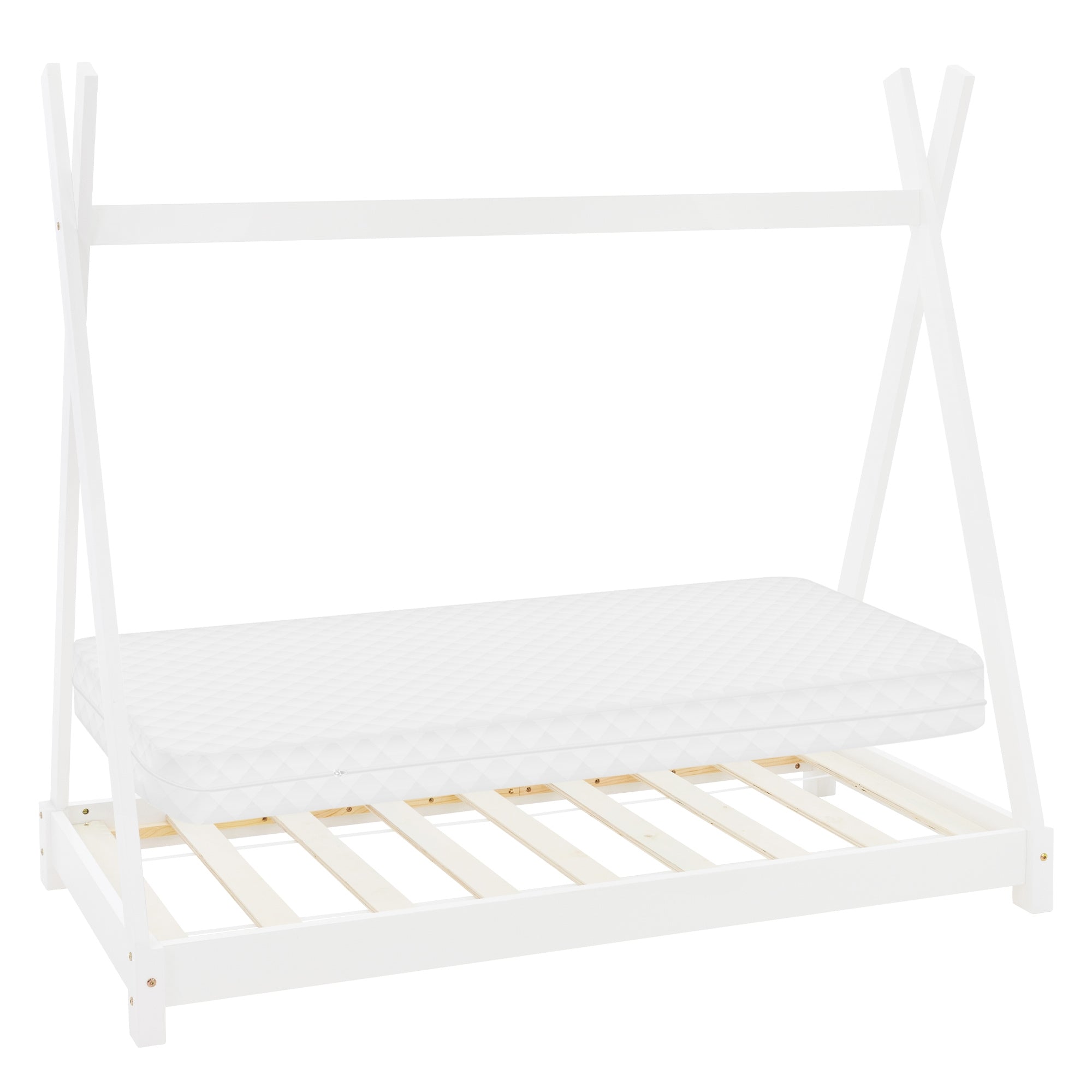 Een bedframe met een matras in het wit.