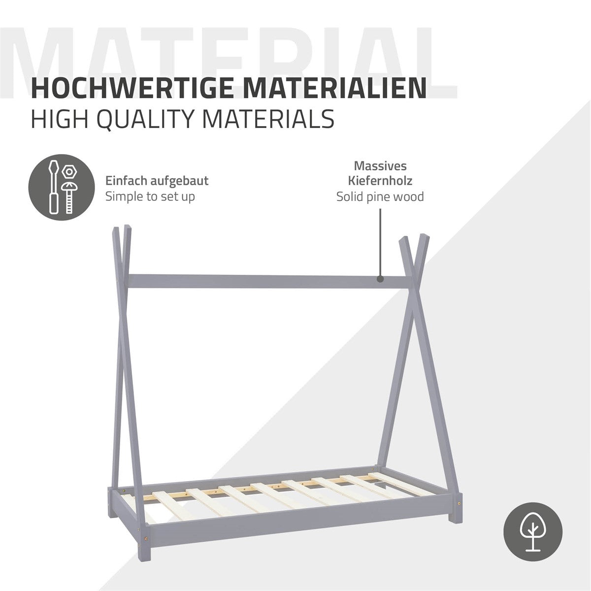 Grafiek over hoogwaardige materialen van een kinderbed van vurenhout.