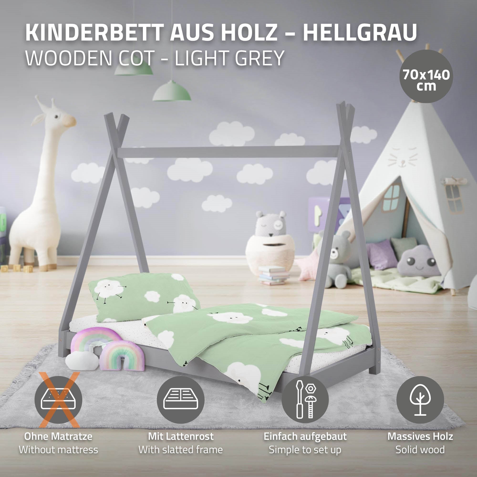 Grafica di un letto per bambini grigio chiaro con descrizione e dimensioni.