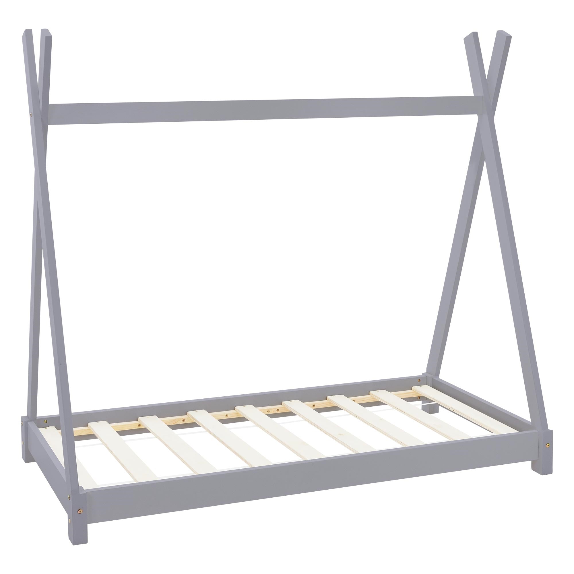 Un letto per bambini grigio con un design simile a una tenda e un rete a doghe.