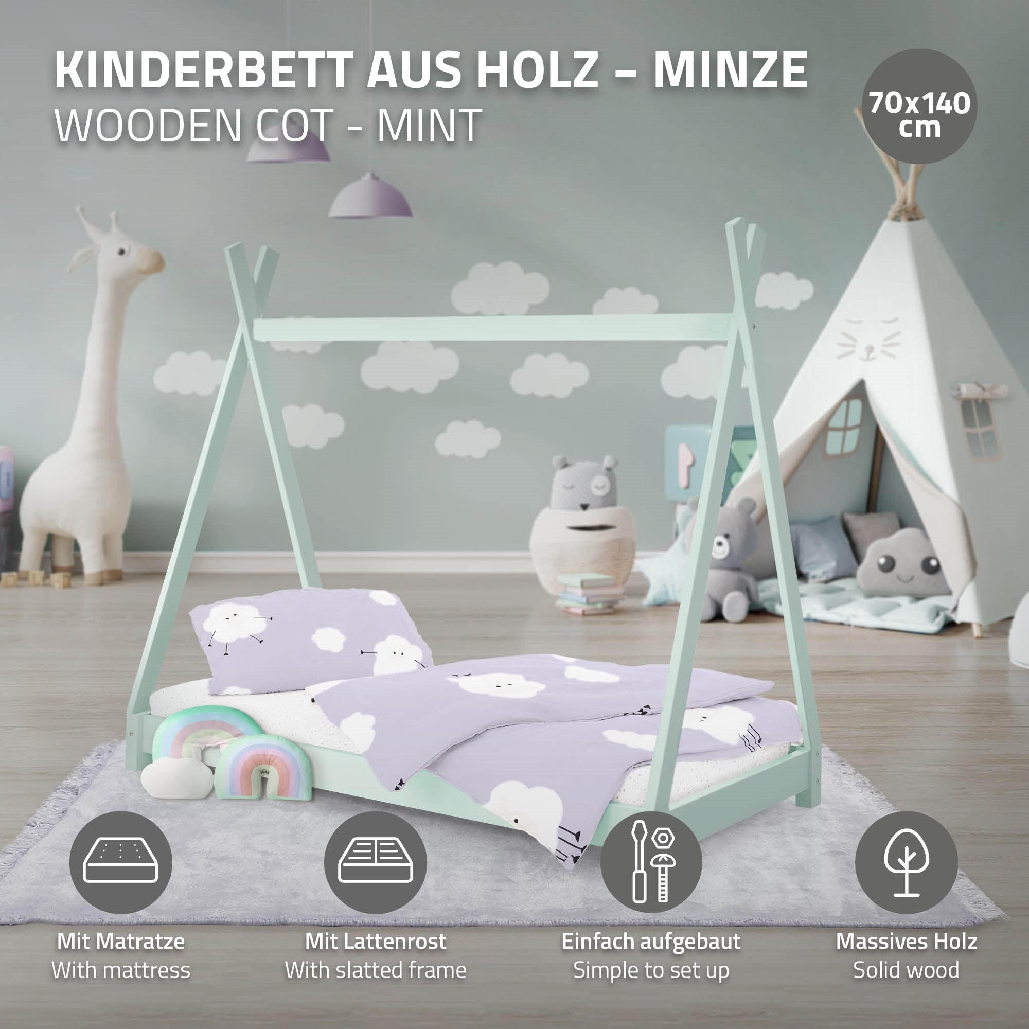 Lit d'enfant en bois de couleur menthe avec matelas et sommier à lattes.