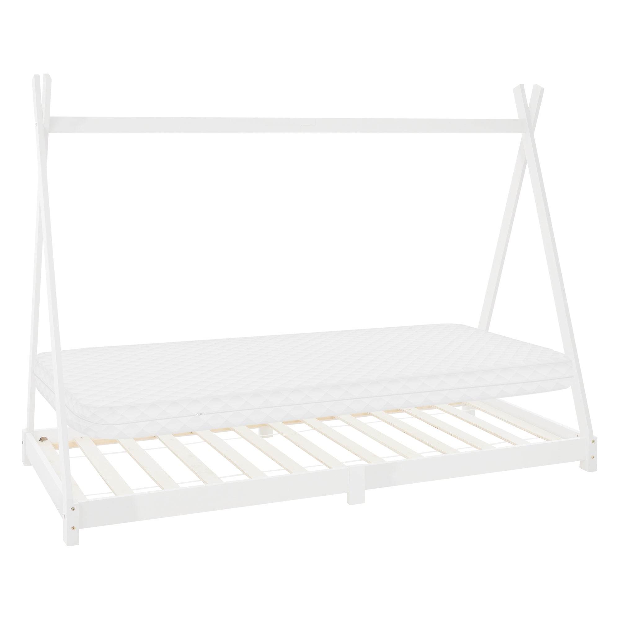 Cadre de lit blanc avec matelas et cadre à lattes.