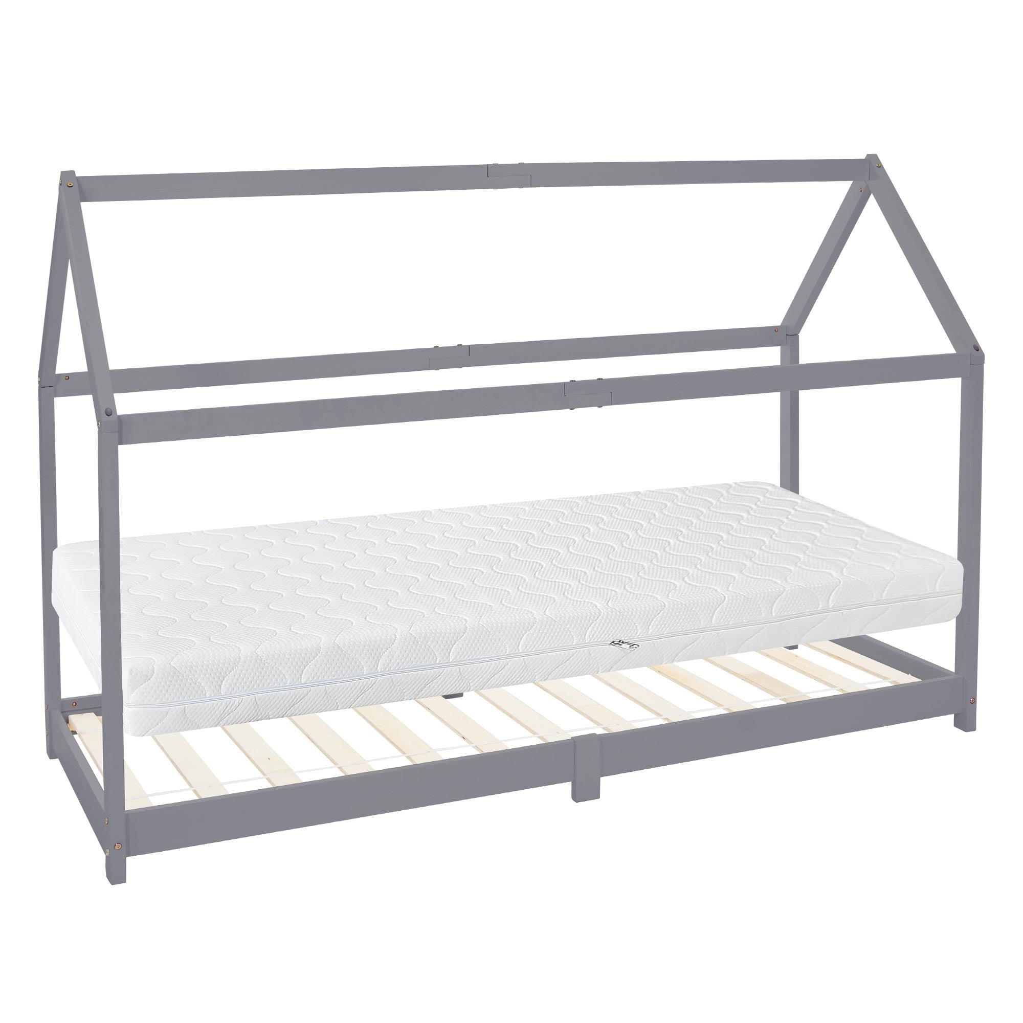 Cadre en bois gris avec matelas en mousse froide, sans coussin.
