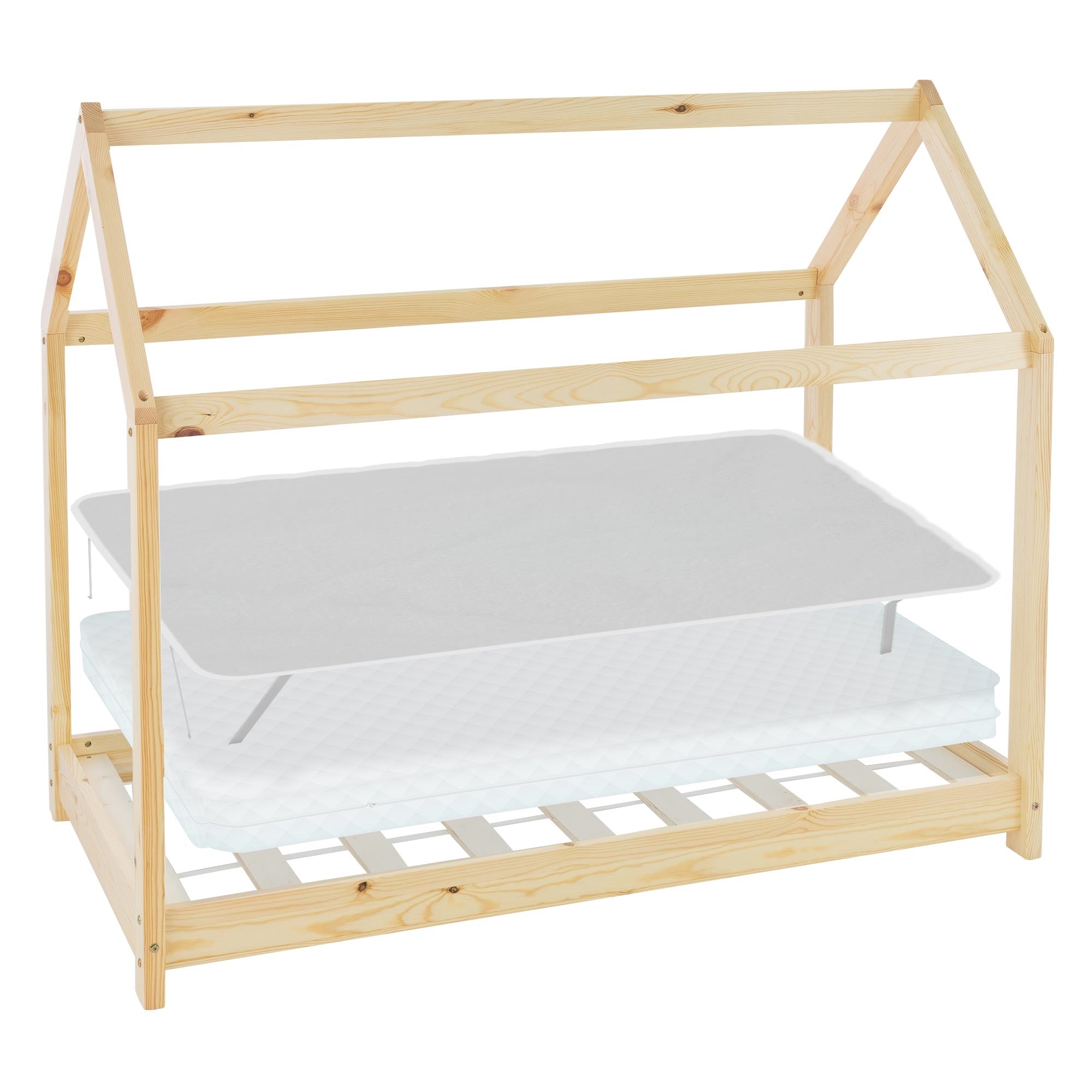 Holz-Kinderbett in Hausform mit zwei Matratzen und Lattenrost.