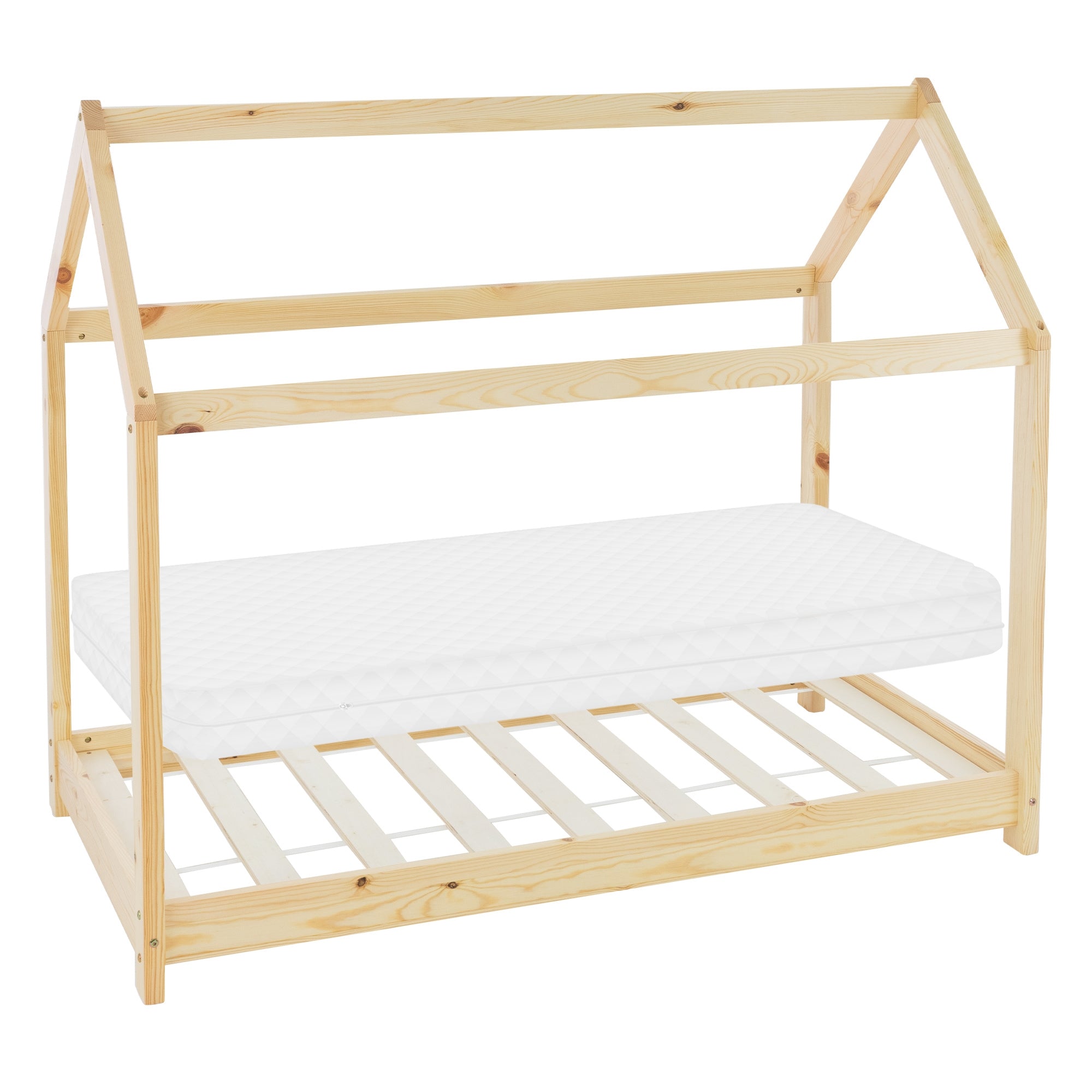 Cadre de lit en bois de couleur naturelle avec matelas et forme de toit.