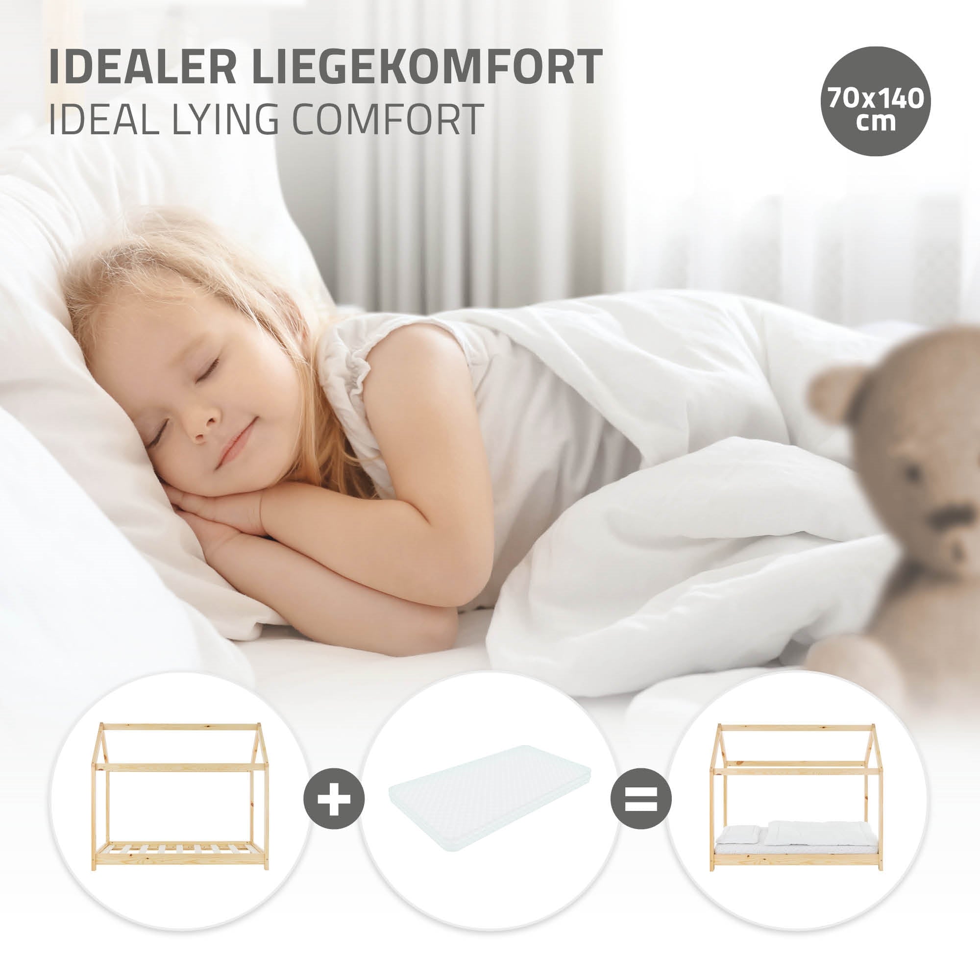 Un enfant endormi sur un lit avec une couverture et un coussin.