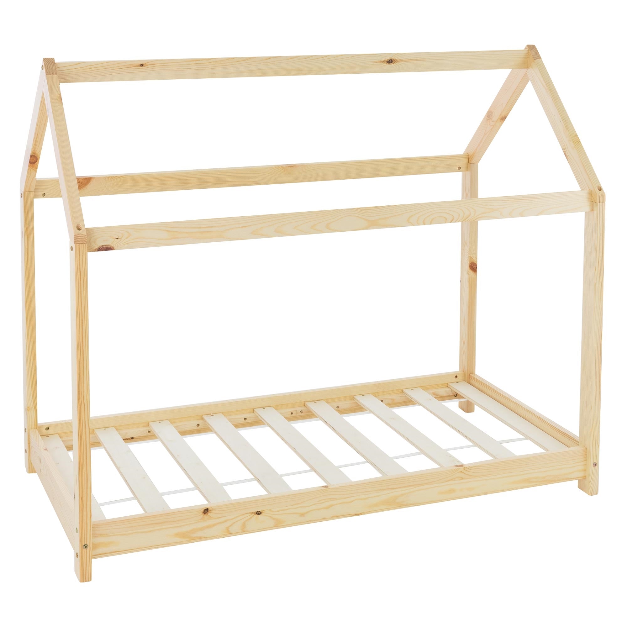 Cadre en bois en forme de maison, sans matelas, avec sommier.