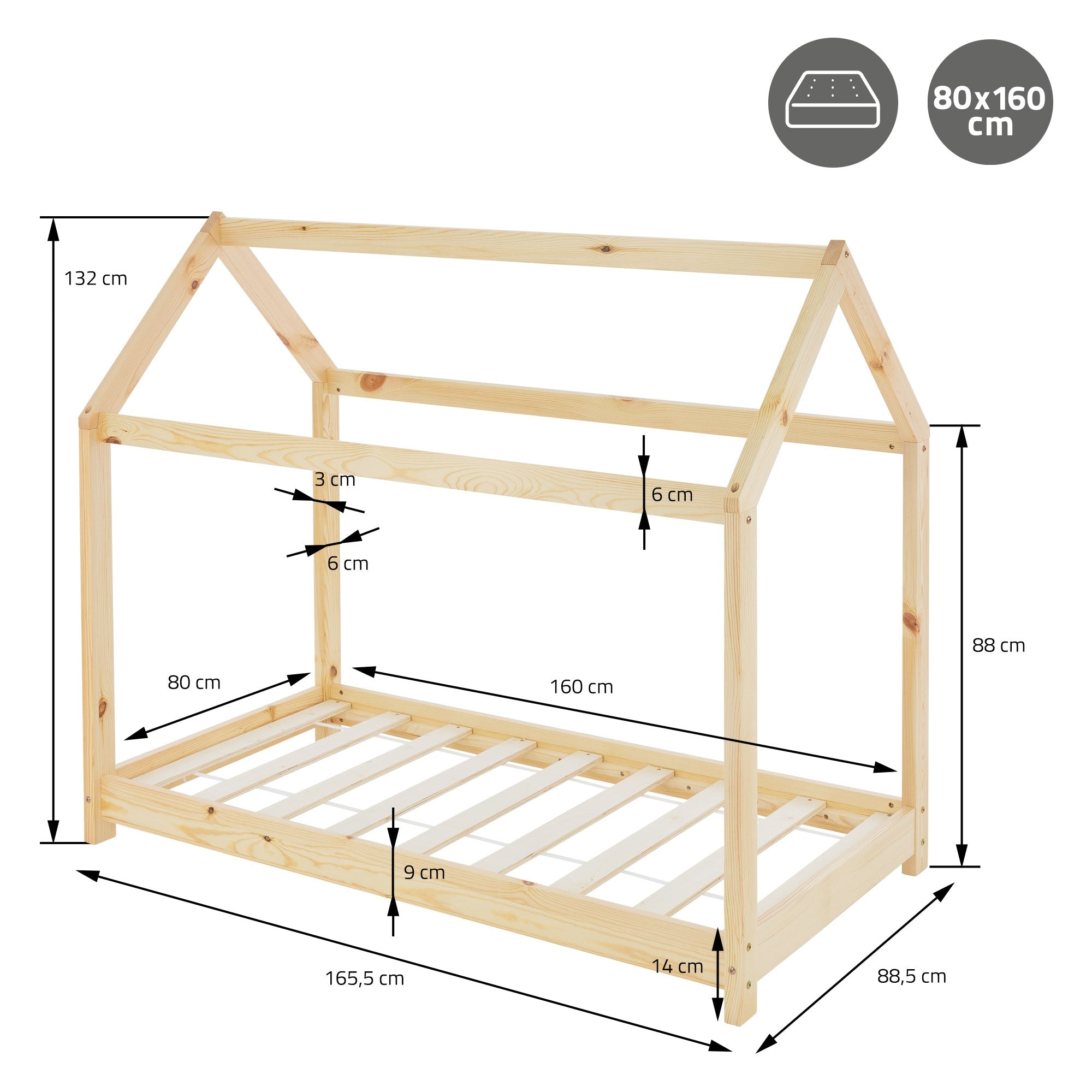 Wooden children's bed with dimensions, in natural wood, on white background.