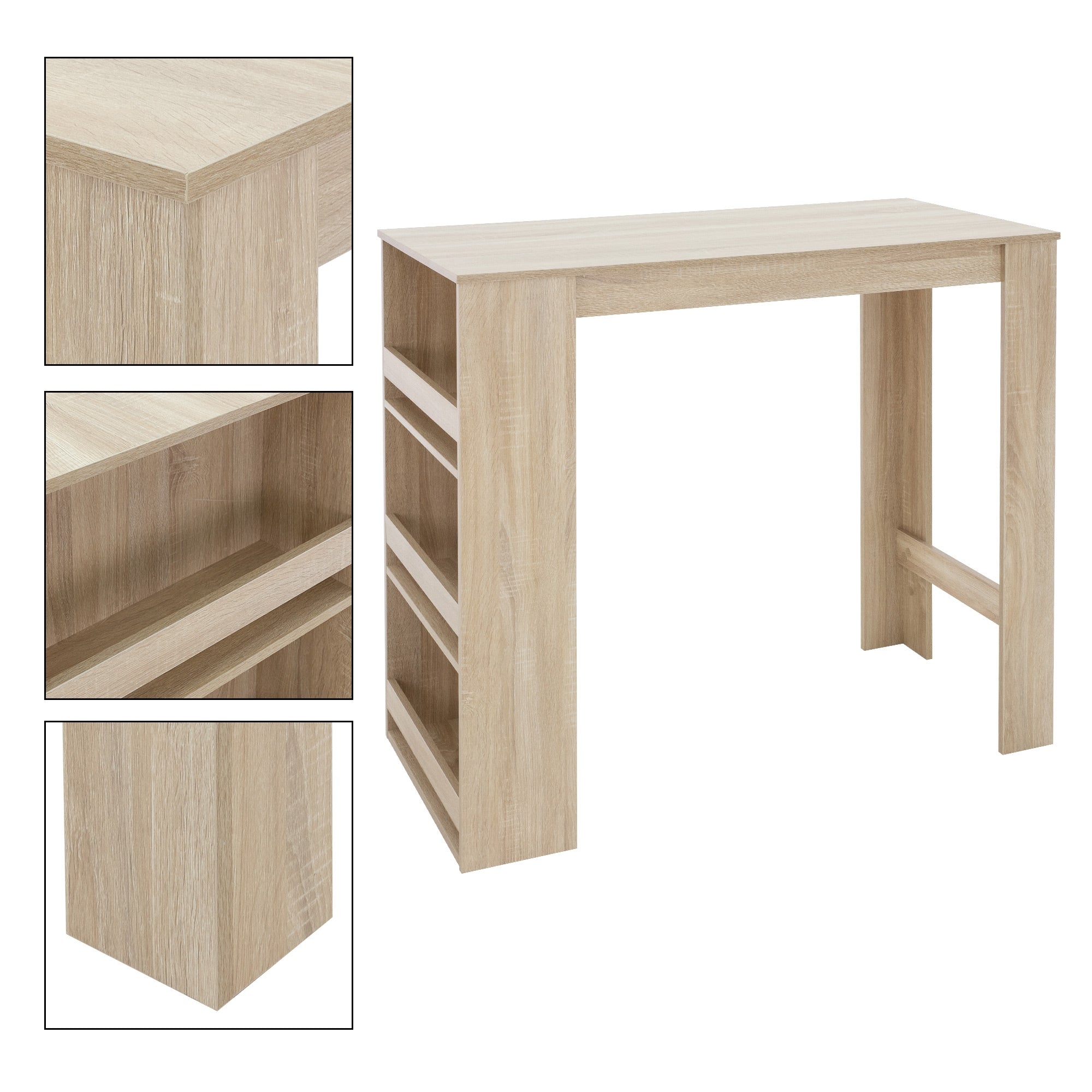 Holzfarbener Schreibtisch mit offenen Regalfächern und stabilen Beinen.