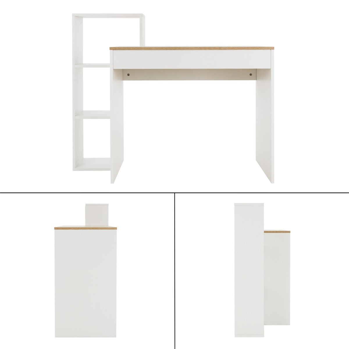 Weißer Schreibtisch mit Holzplatte und Regalfächern.