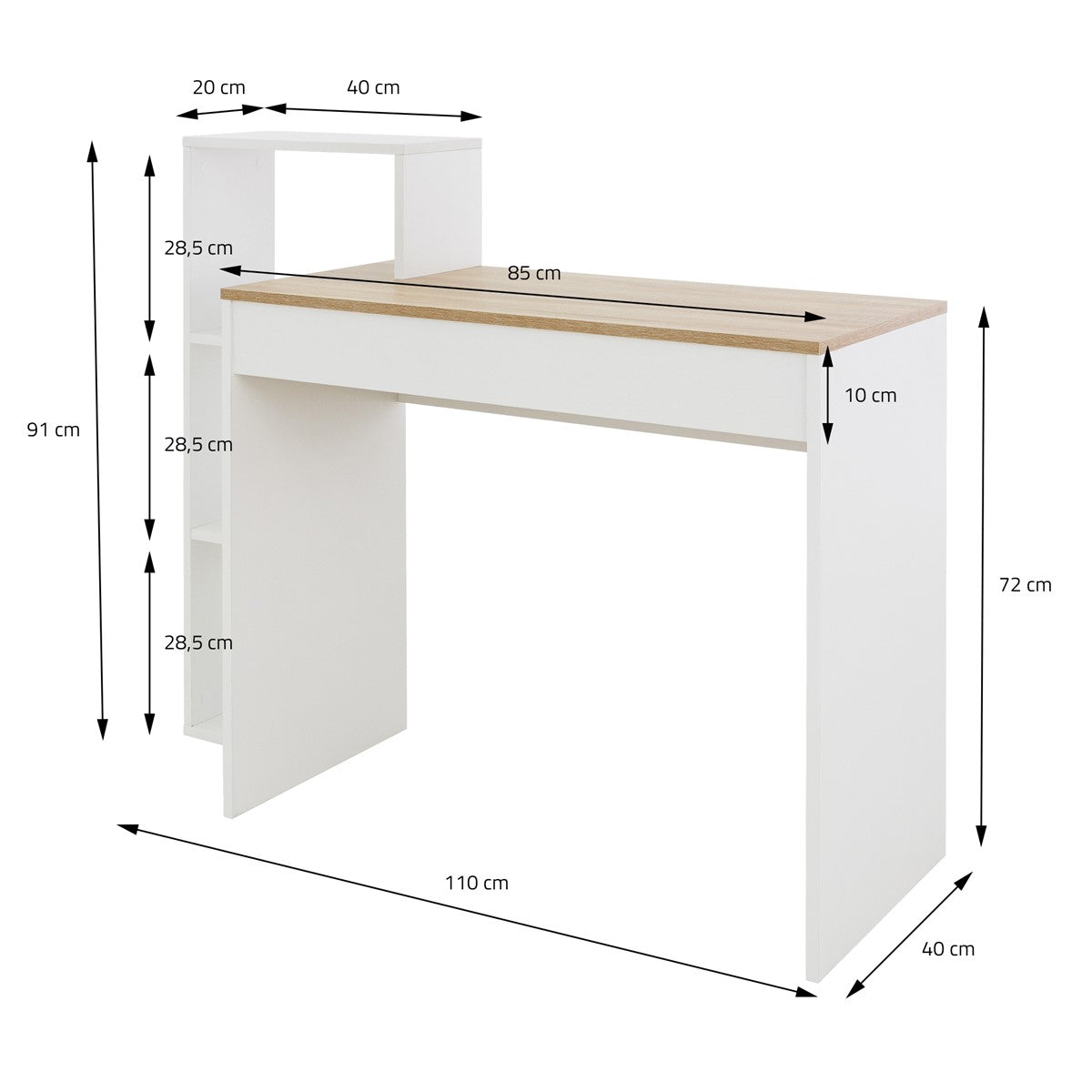 Weißer Schreibtisch mit Holzplatte, Maße und Details sind eingezeichnet.