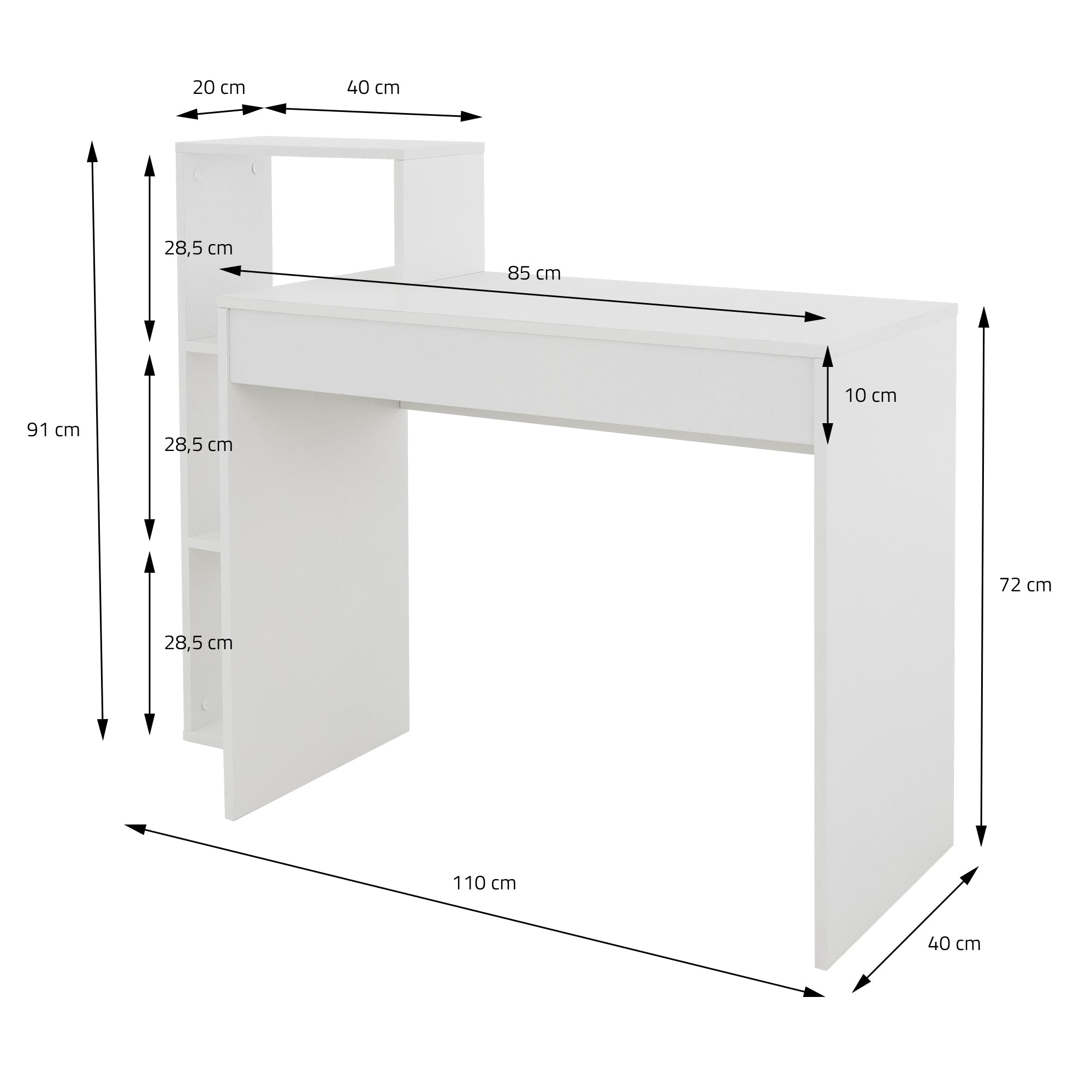 Måltegning af et skrivebord med detaljerede dimensioner.
